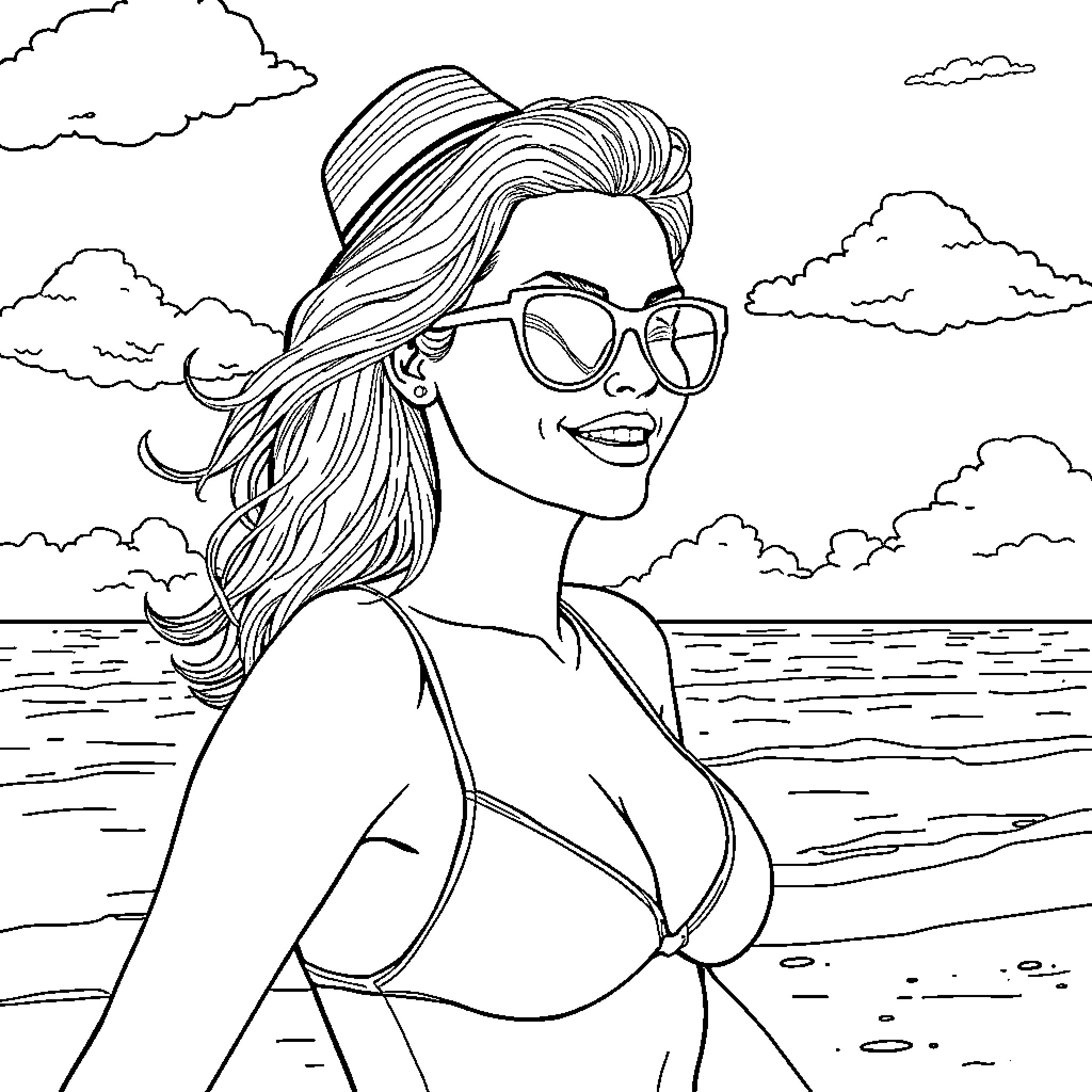 Woman enjoying the beach in stylish swimwear Coloring Page (free black-and-white line drawing printable PDF for all, from beginners to advanced learners, including children, teens, adults, and seniors)