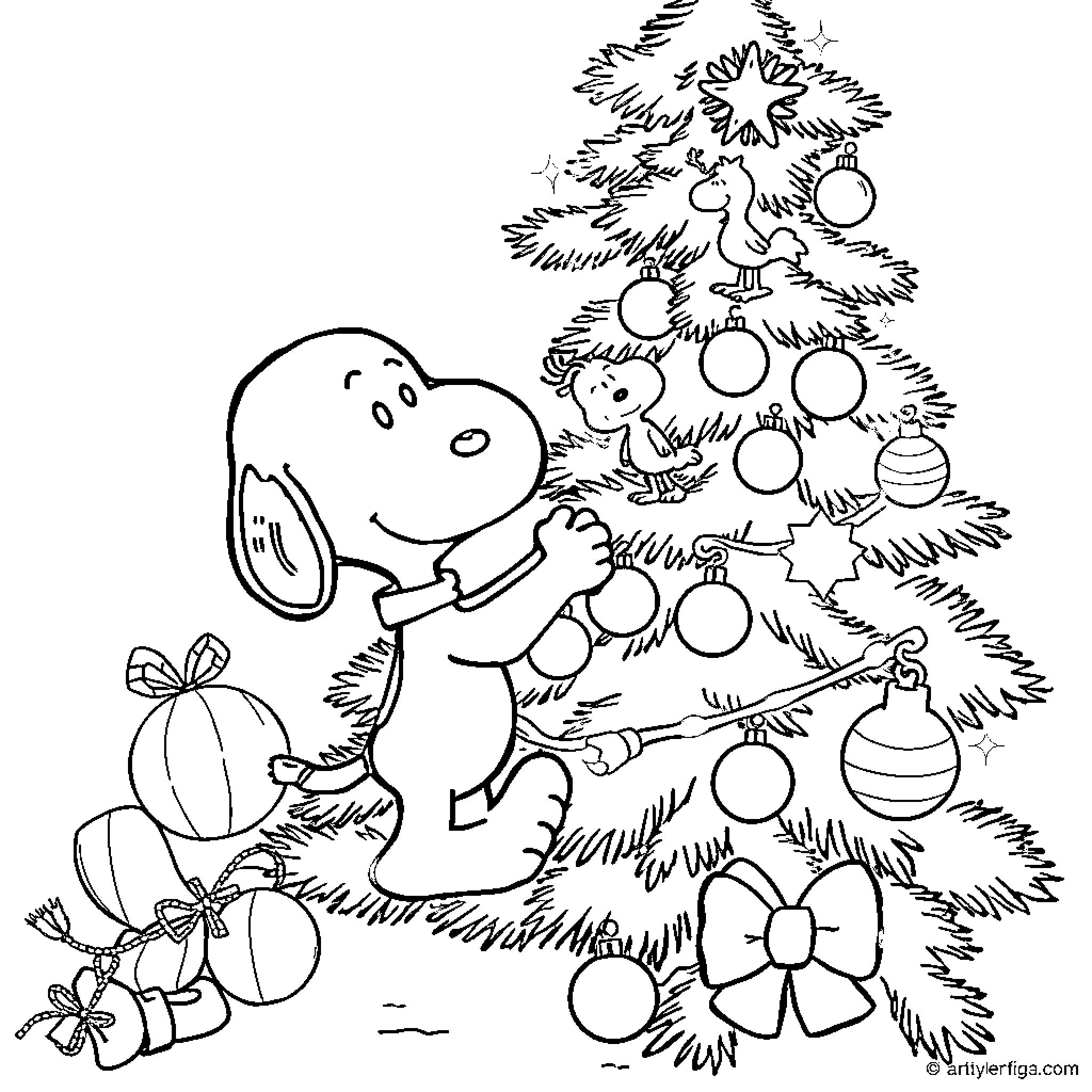 Snoopy decorating a Christmas tree Coloring Page (free black-and-white line drawing printable PDF for all, from beginners to advanced learners, including children, teens, adults, and seniors)