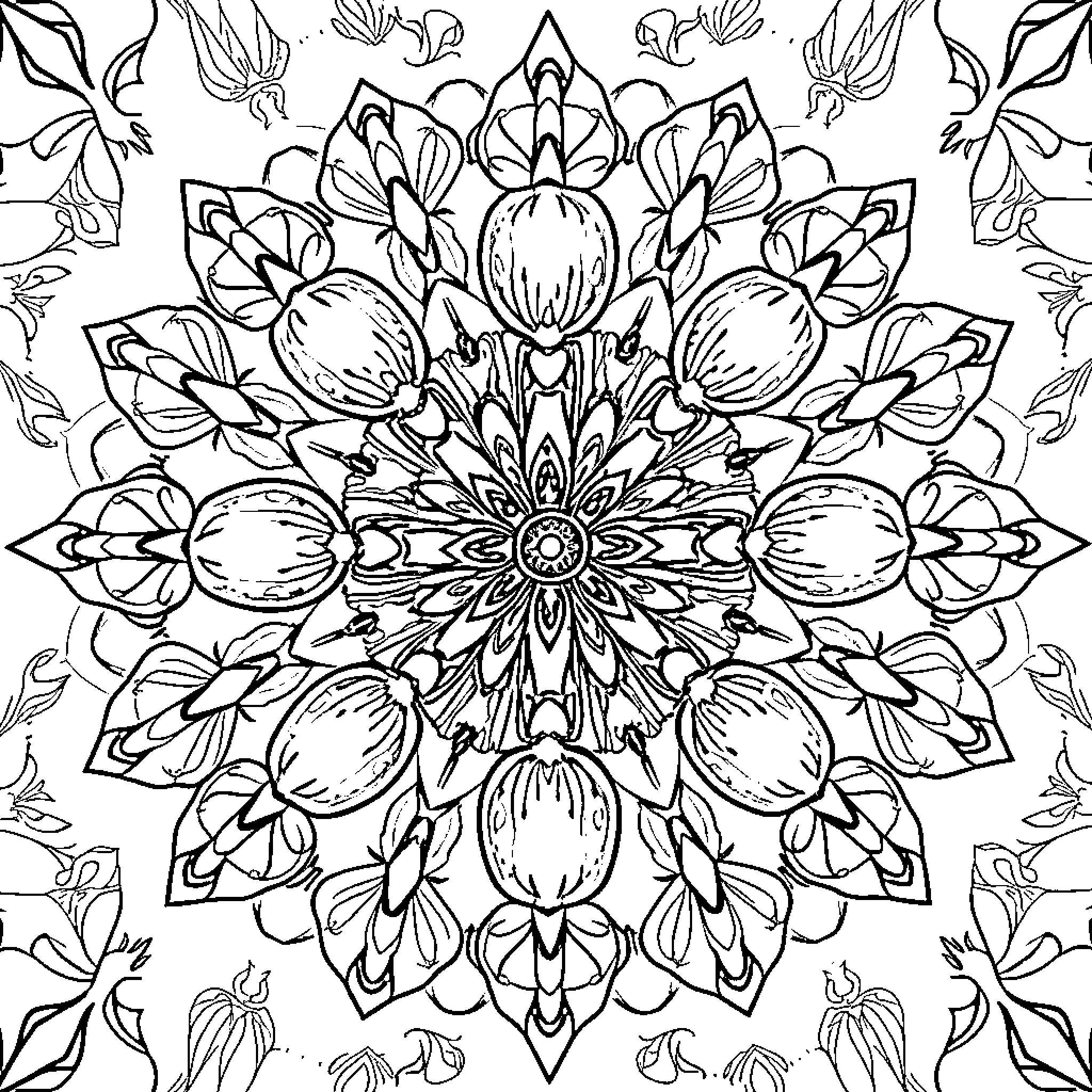 Mandala with intricate floral patterns Coloring Page (free black-and-white line drawing printable PDF for all, from beginners to advanced learners, including children, teens, adults, and seniors)