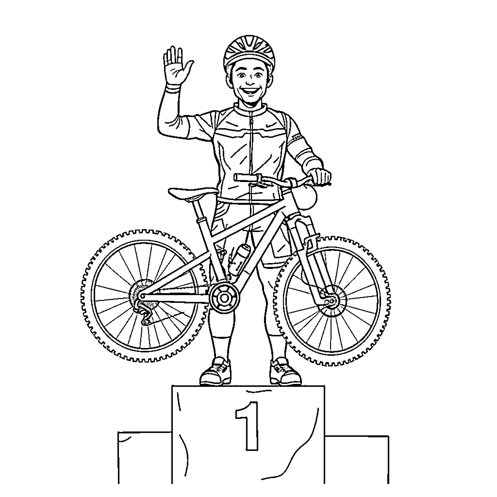 Biker celebrating victory on podium Coloring Page (free black-and-white line drawing printable PDF for all, from beginners to advanced learners, including children, teens, adults, and seniors)