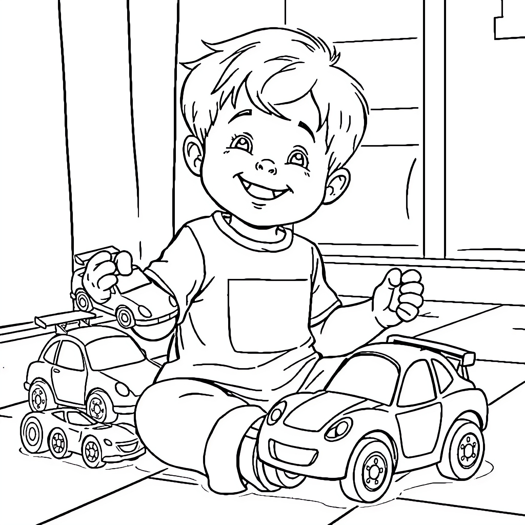 Kid playing happily with toy cars in room Coloring Page (free black-and-white line drawing printable PDF for all, from beginners to advanced learners, including children, teens, adults, and seniors)
