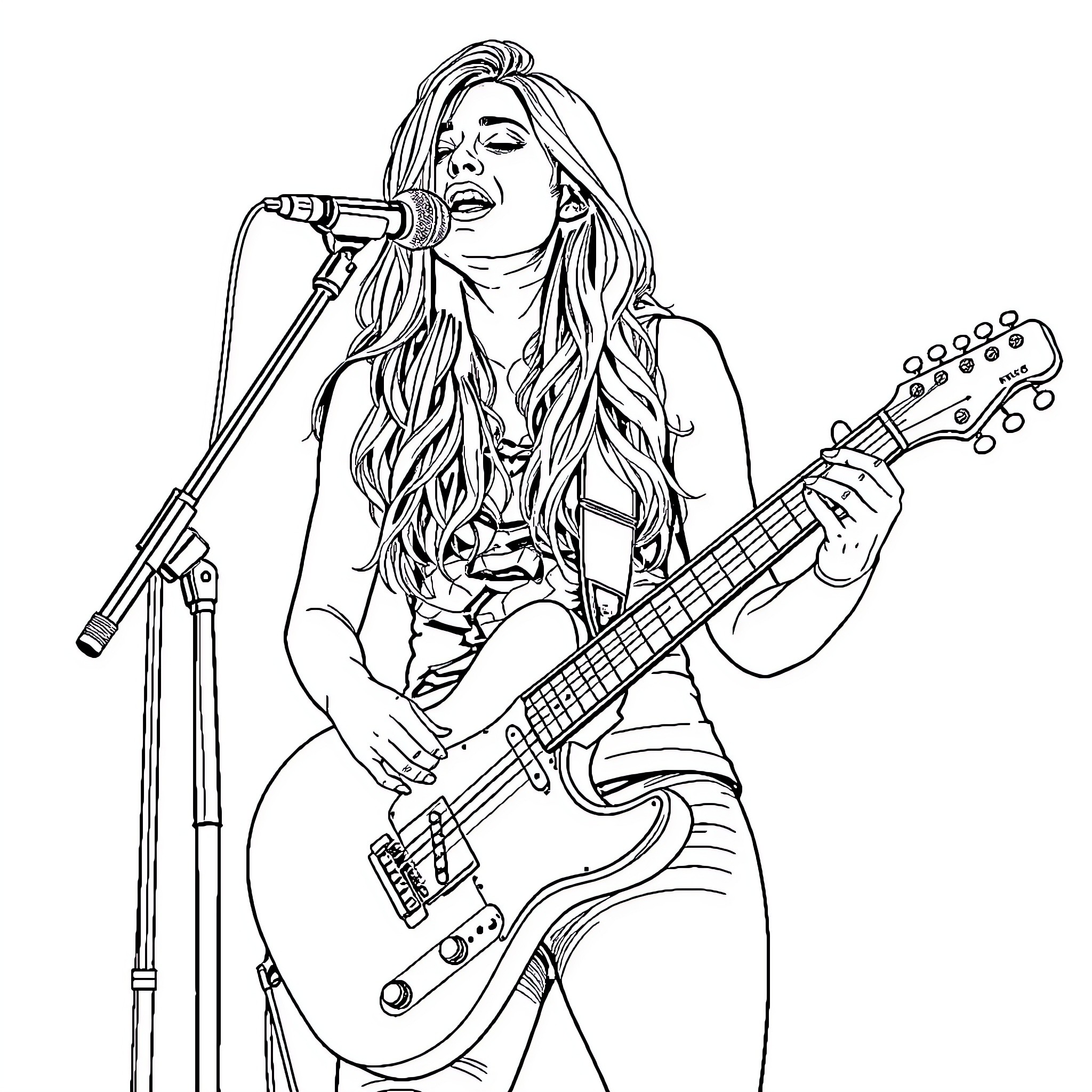 Avril Lavigne performing with guitar and microphone Coloring Page (free black-and-white line drawing printable PDF for all, from beginners to advanced learners, including children, teens, adults, and seniors)
