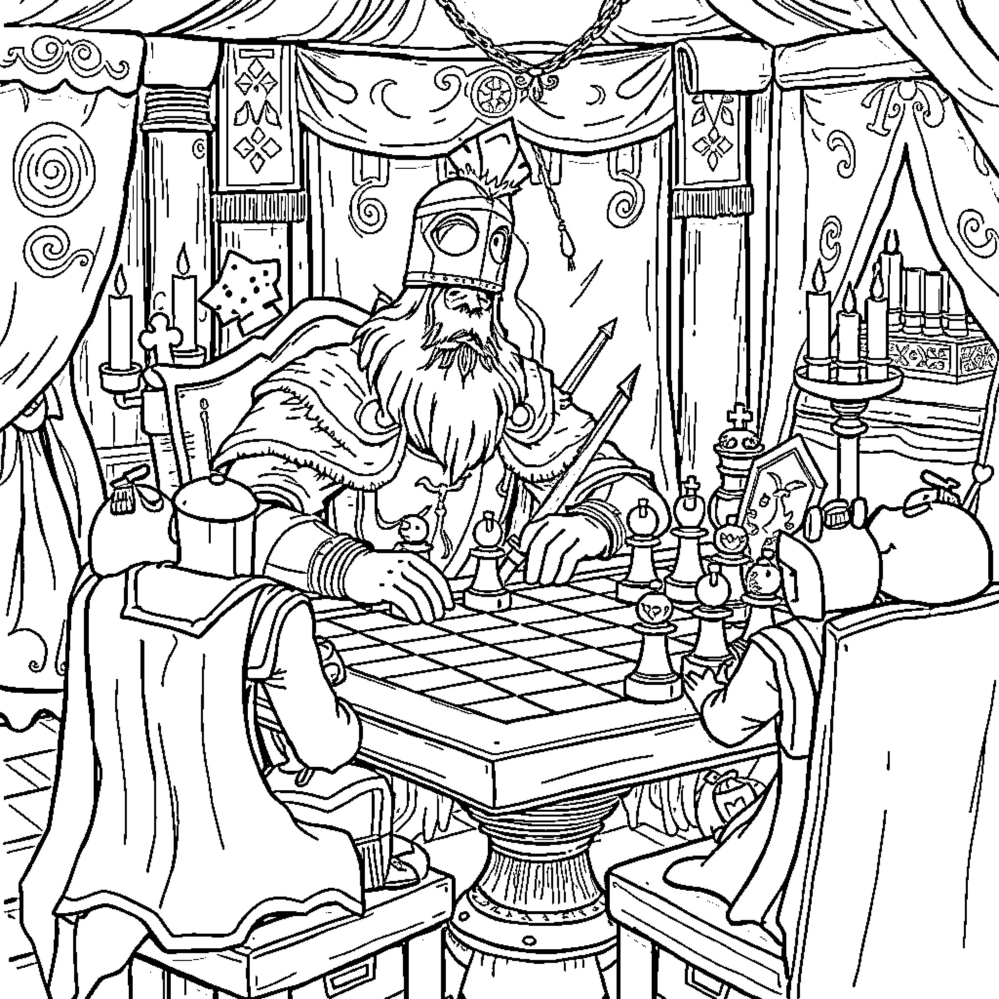 King Arthur playing chess in his lavish royal chambers Coloring Page (free black-and-white line drawing printable PDF for all, from beginners to advanced learners, including children, teens, adults, and seniors)