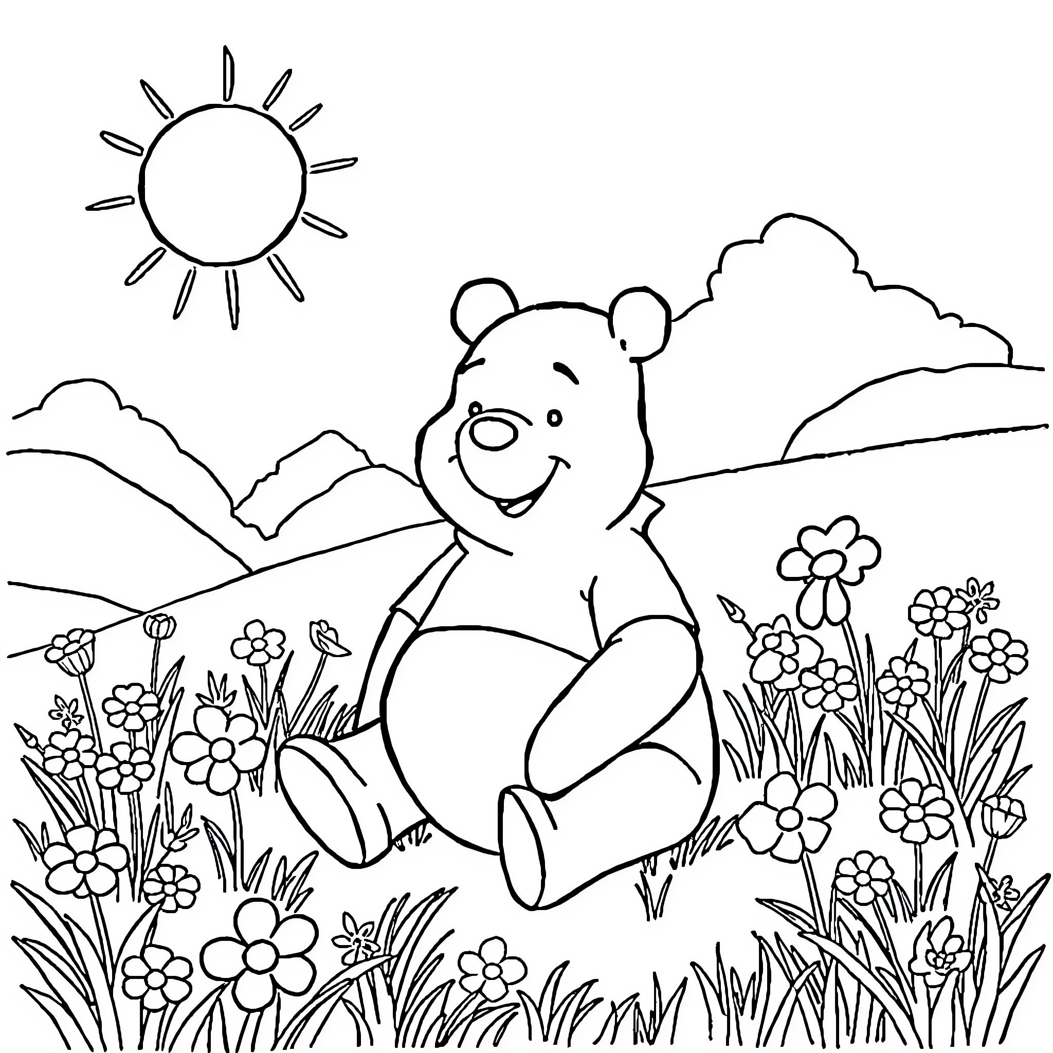 Winnie The Pooh enjoying a sunny day in the meadow Coloring Page (free black-and-white line drawing printable PDF for all, from beginners to advanced learners, including children, teens, adults, and seniors)