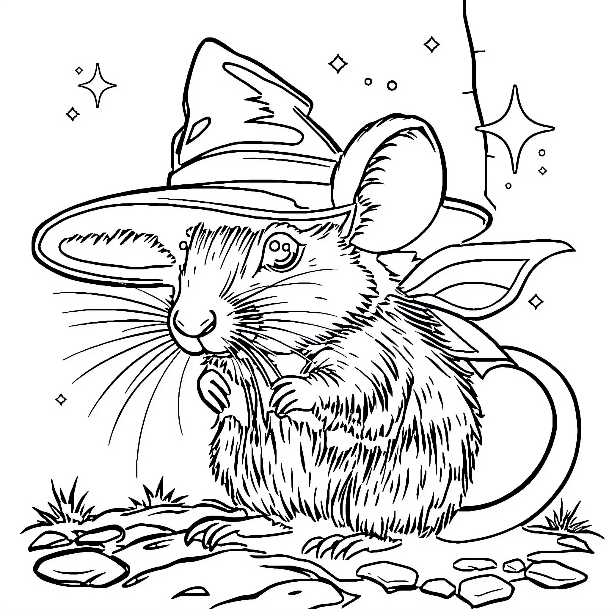 Necromancer Mouse in Magical Woodland Scene Coloring Page (free black-and-white line drawing printable PDF for all, from beginners to advanced learners, including children, teens, adults, and seniors)