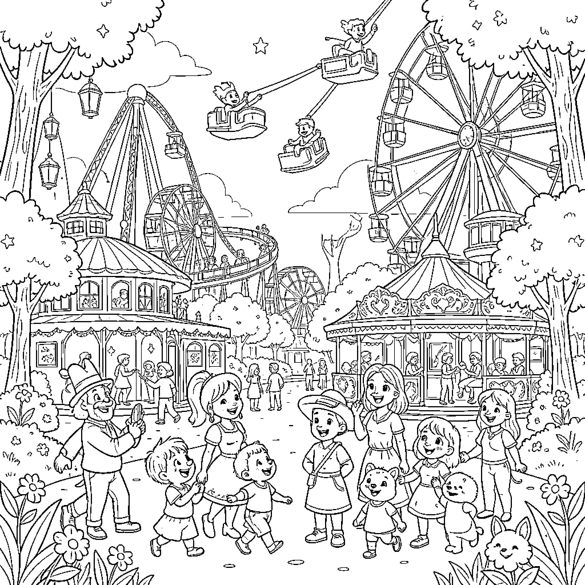 Disney characters enjoying various amusement park rides Coloring Page (free black-and-white line drawing printable PDF for all, from beginners to advanced learners, including children, teens, adults, and seniors)