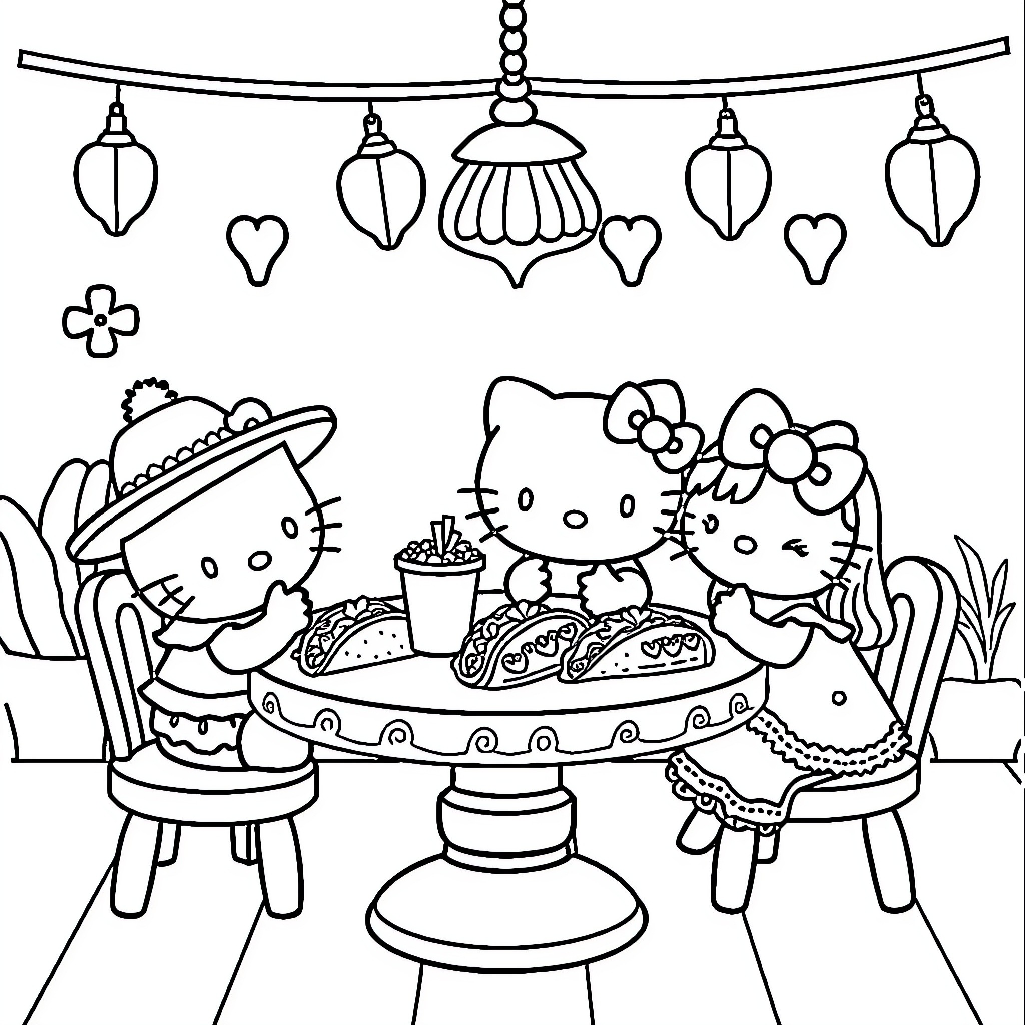 Hello Kitty enjoying a tea party with friends Coloring Page (free black-and-white line drawing printable PDF for all, from beginners to advanced learners, including children, teens, adults, and seniors)