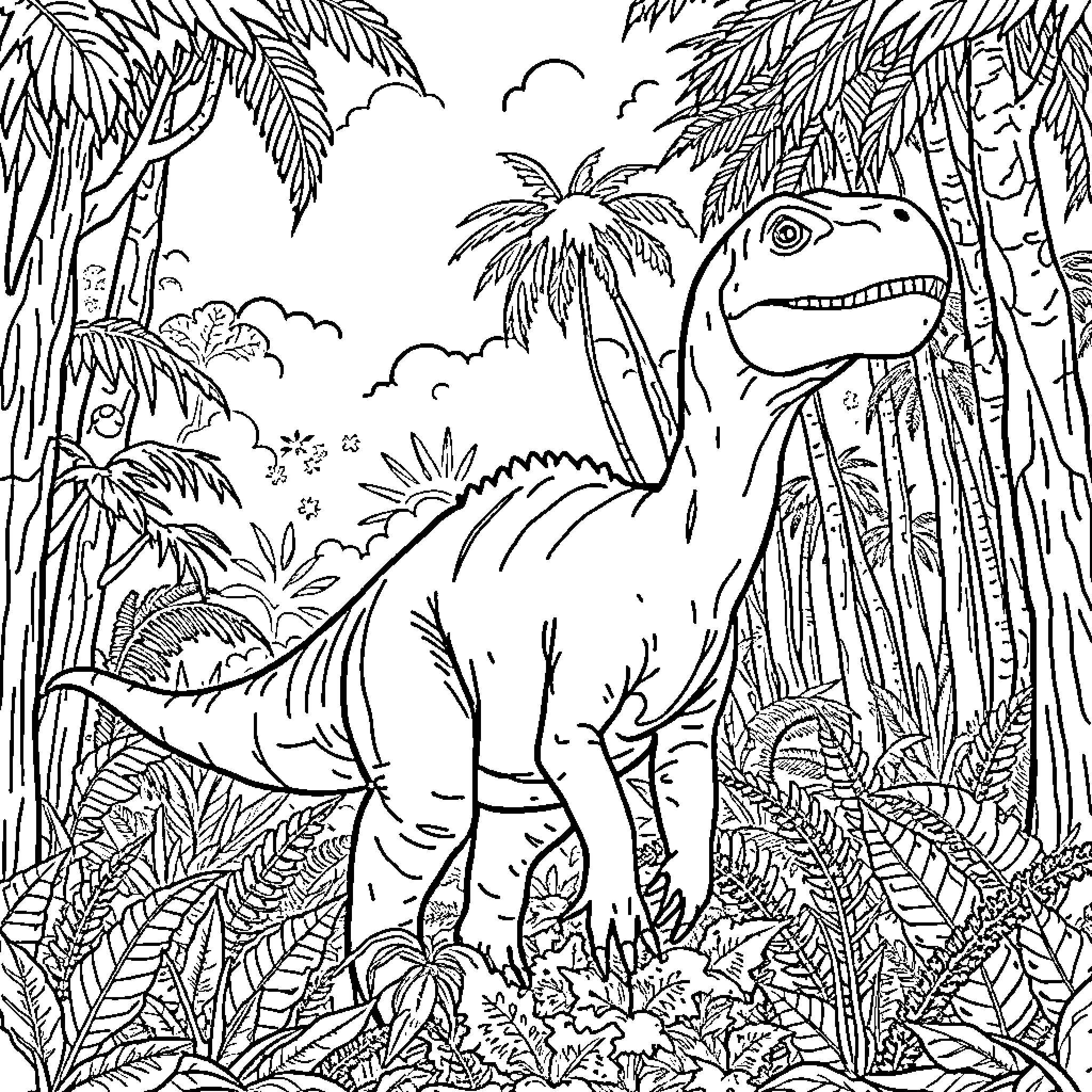Dinosaur in a lush tropical jungle Coloring Page (free black-and-white line drawing printable PDF for all, from beginners to advanced learners, including children, teens, adults, and seniors)
