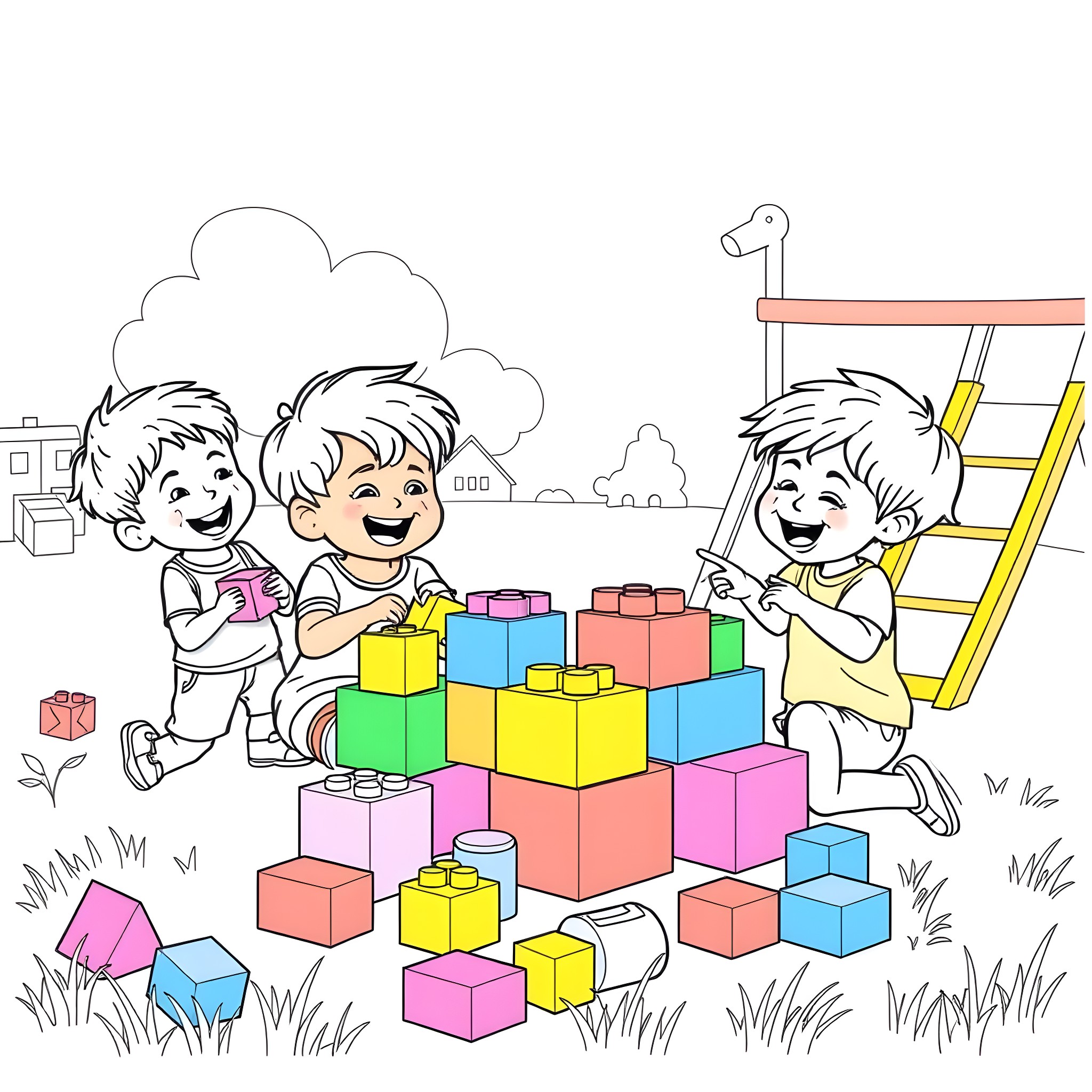 Kids Building Colorful Blocks in the Park Coloring Page (free black-and-white line drawing printable PDF for all, from beginners to advanced learners, including children, teens, adults, and seniors)
