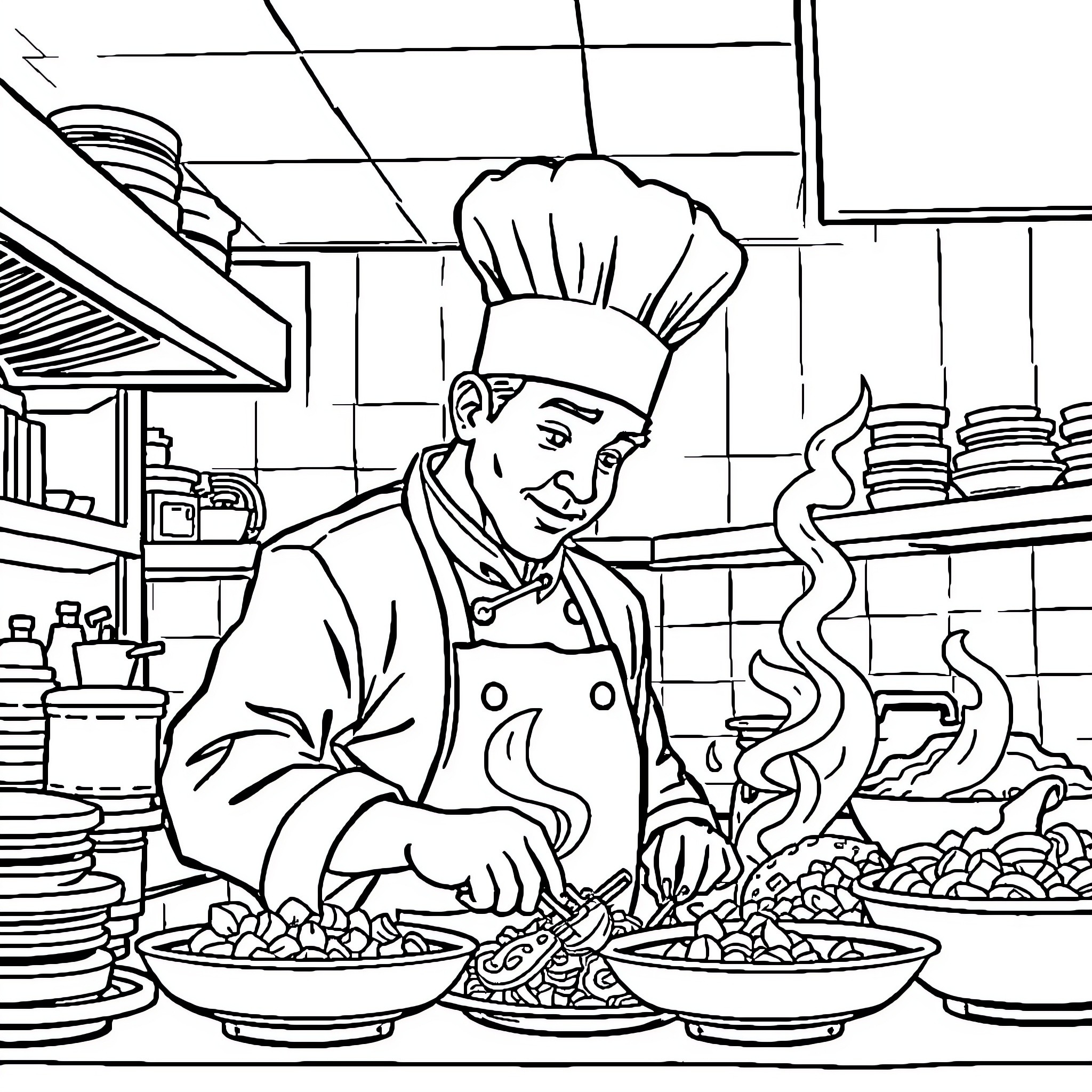 Chef preparing meals in a busy kitchen Coloring Page (free black-and-white line drawing printable PDF for all, from beginners to advanced learners, including children, teens, adults, and seniors)