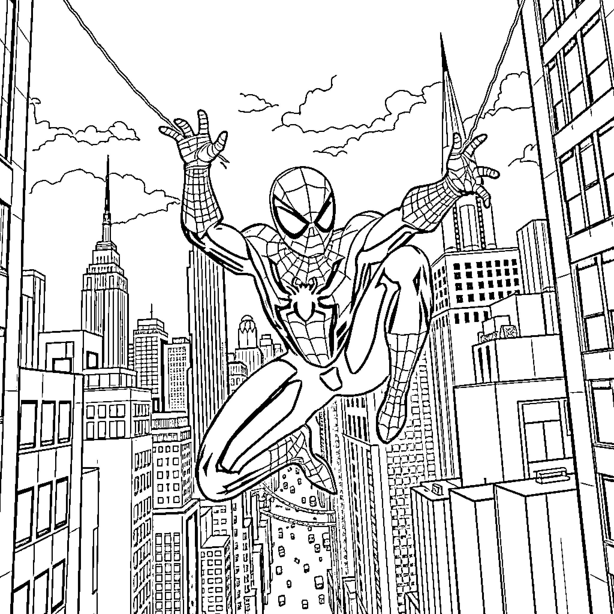Spiderman swinging through the skyscrapers of the city Coloring Page (free black-and-white line drawing printable PDF for all, from beginners to advanced learners, including children, teens, adults, and seniors)
