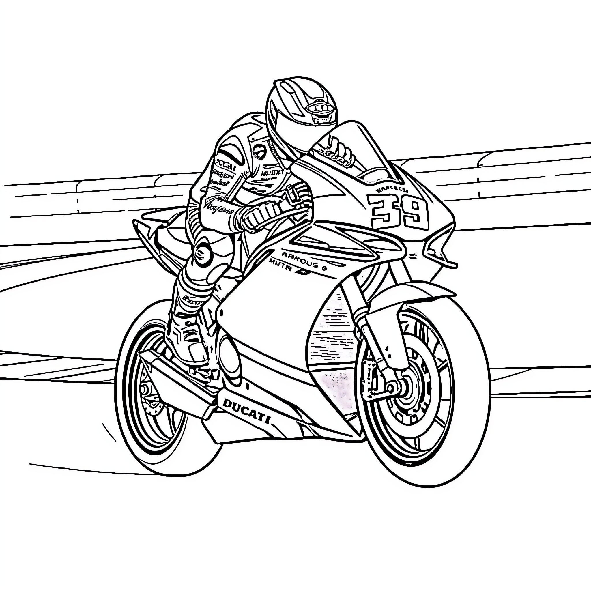 Marc Marquez riding his motorcycle on the racetrack Coloring Page (free black-and-white line drawing printable PDF for all, from beginners to advanced learners, including children, teens, adults, and seniors)