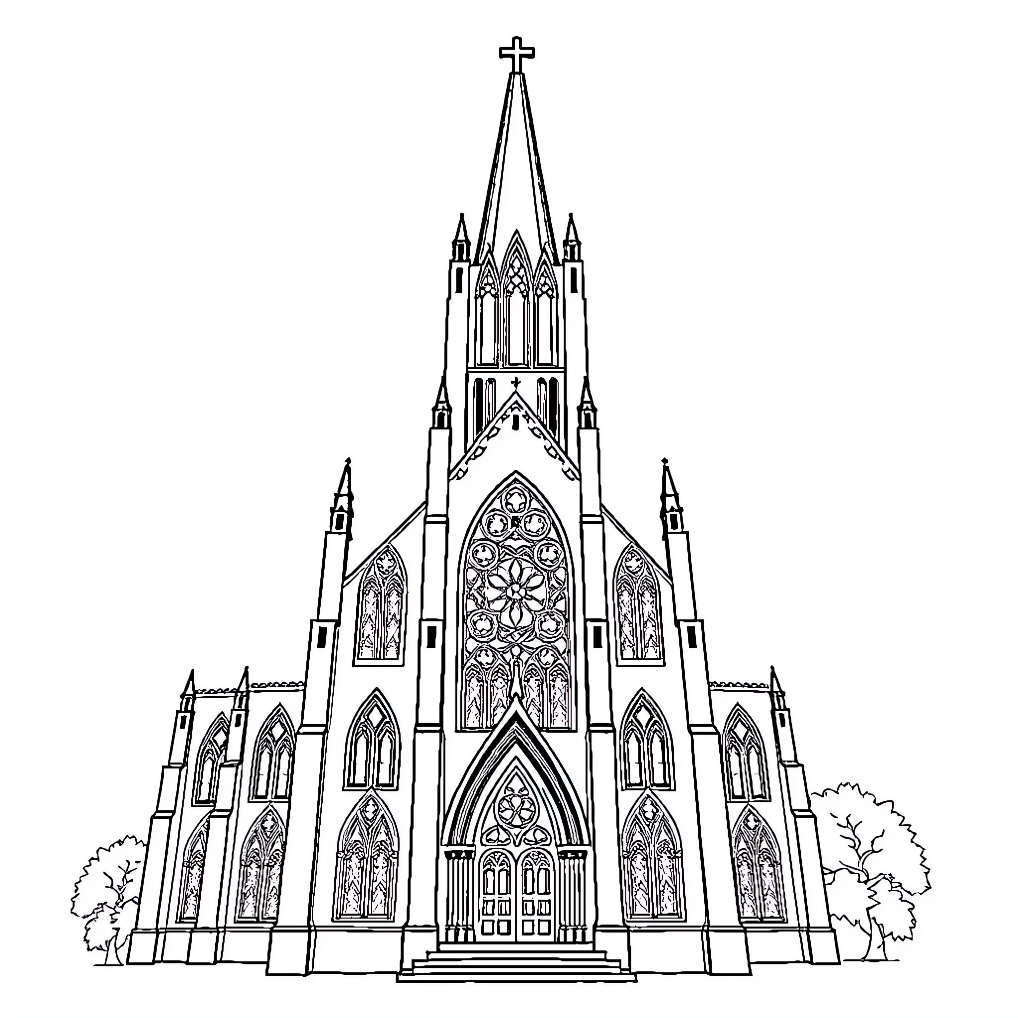 Gothic Church with Intricate Architectural Details Coloring Page (free black-and-white line drawing printable PDF for all, from beginners to advanced learners, including children, teens, adults, and seniors)