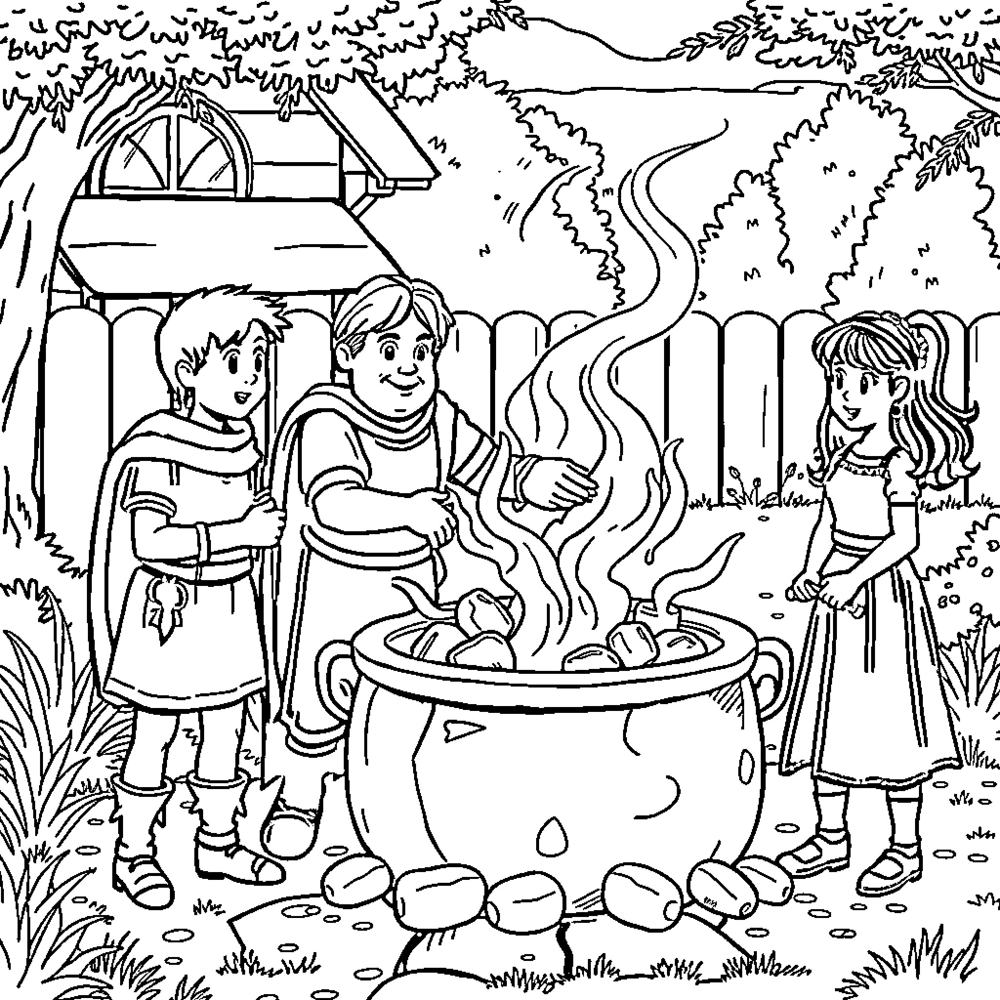 Arthur and Friends Cooking Over a Campfire Coloring Page (free black-and-white line drawing printable PDF for all, from beginners to advanced learners, including children, teens, adults, and seniors)