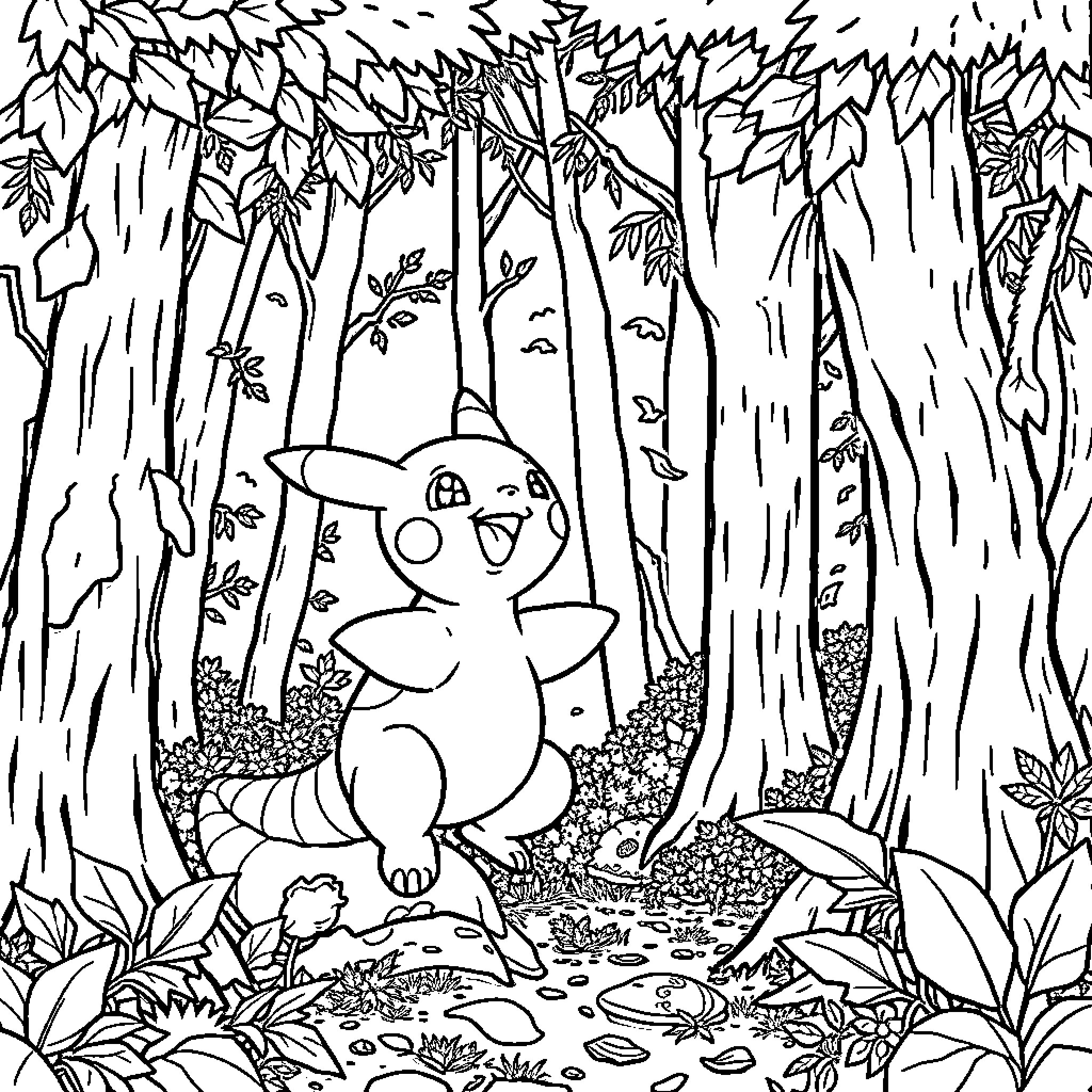 Pokémon creature exploring the forest Coloring Page (free black-and-white line drawing printable PDF for all, from beginners to advanced learners, including children, teens, adults, and seniors)