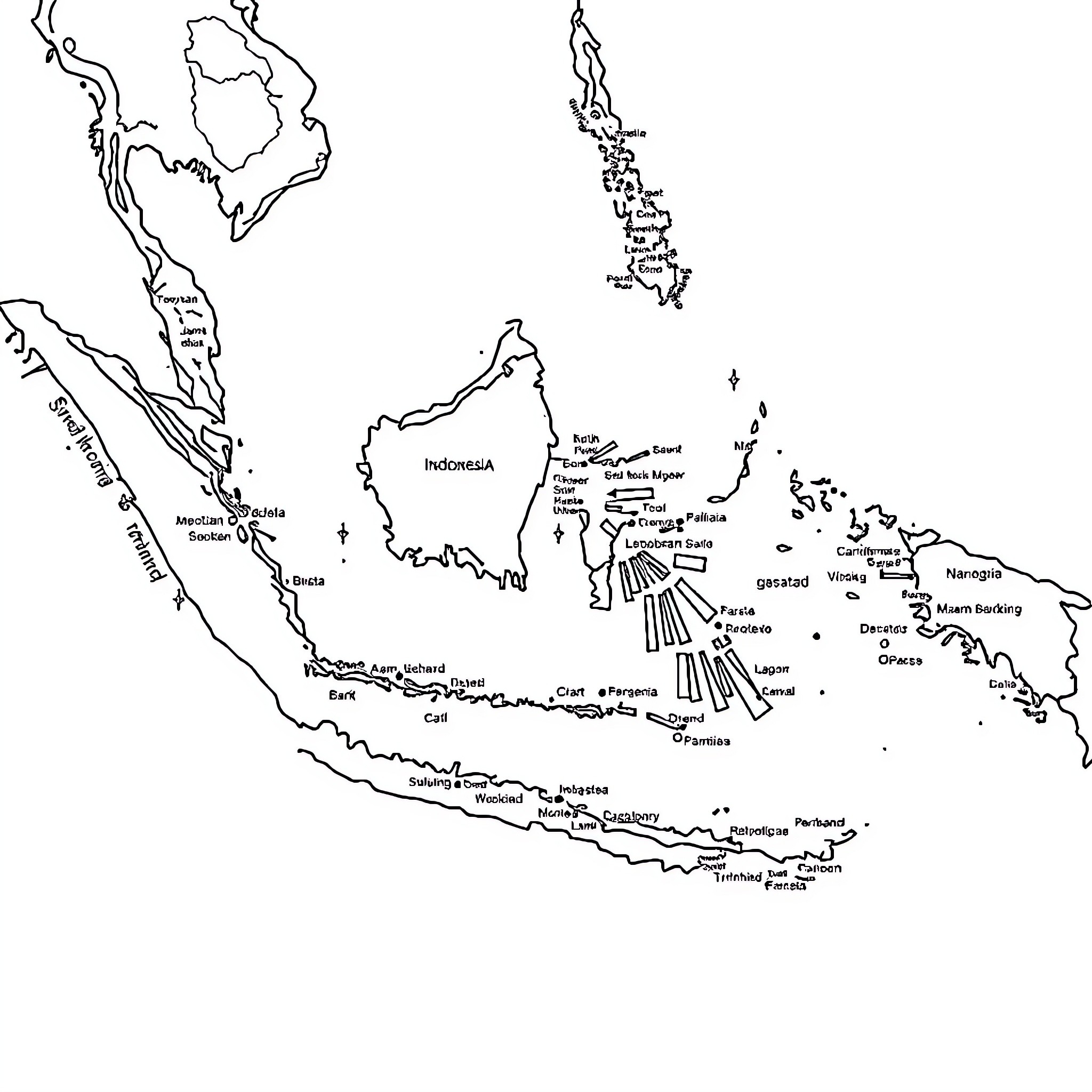 Indonesia's geographic map with cities and landmarks Coloring Page (free black-and-white line drawing printable PDF for all, from beginners to advanced learners, including children, teens, adults, and seniors)