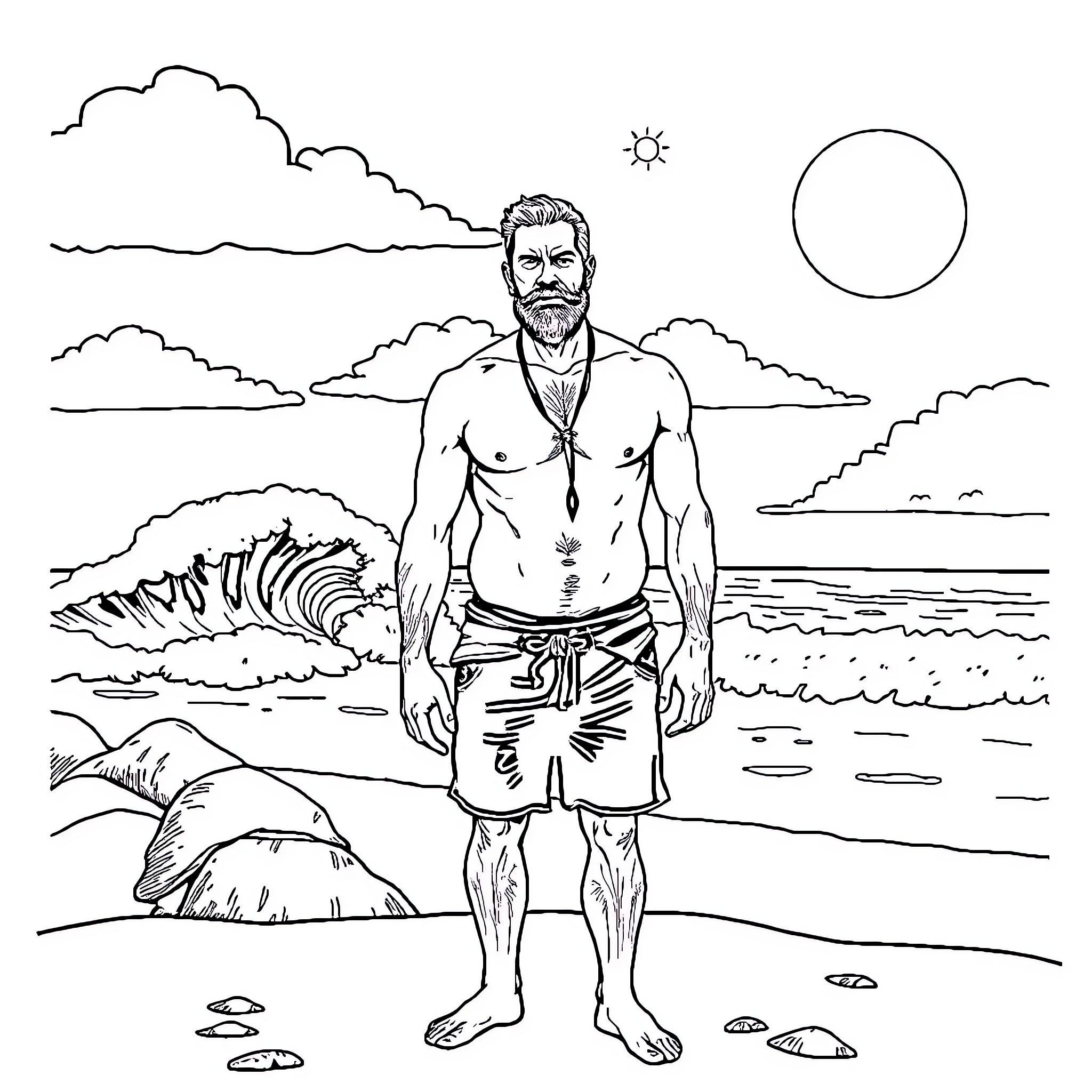 David King enjoying the beach on a sunny day Coloring Page (free black-and-white line drawing printable PDF for all, from beginners to advanced learners, including children, teens, adults, and seniors)