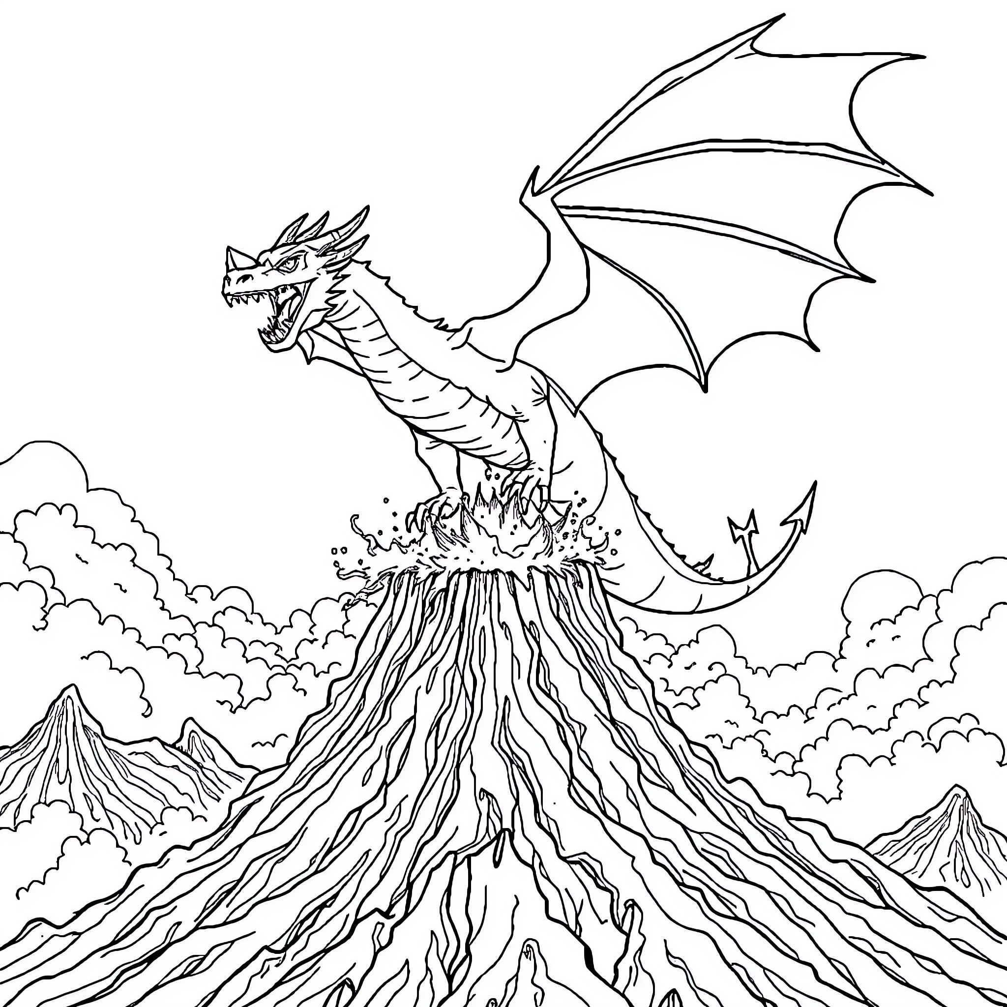 Dragon emerging from volcanic eruption Coloring Page (free black-and-white line drawing printable PDF for all, from beginners to advanced learners, including children, teens, adults, and seniors)