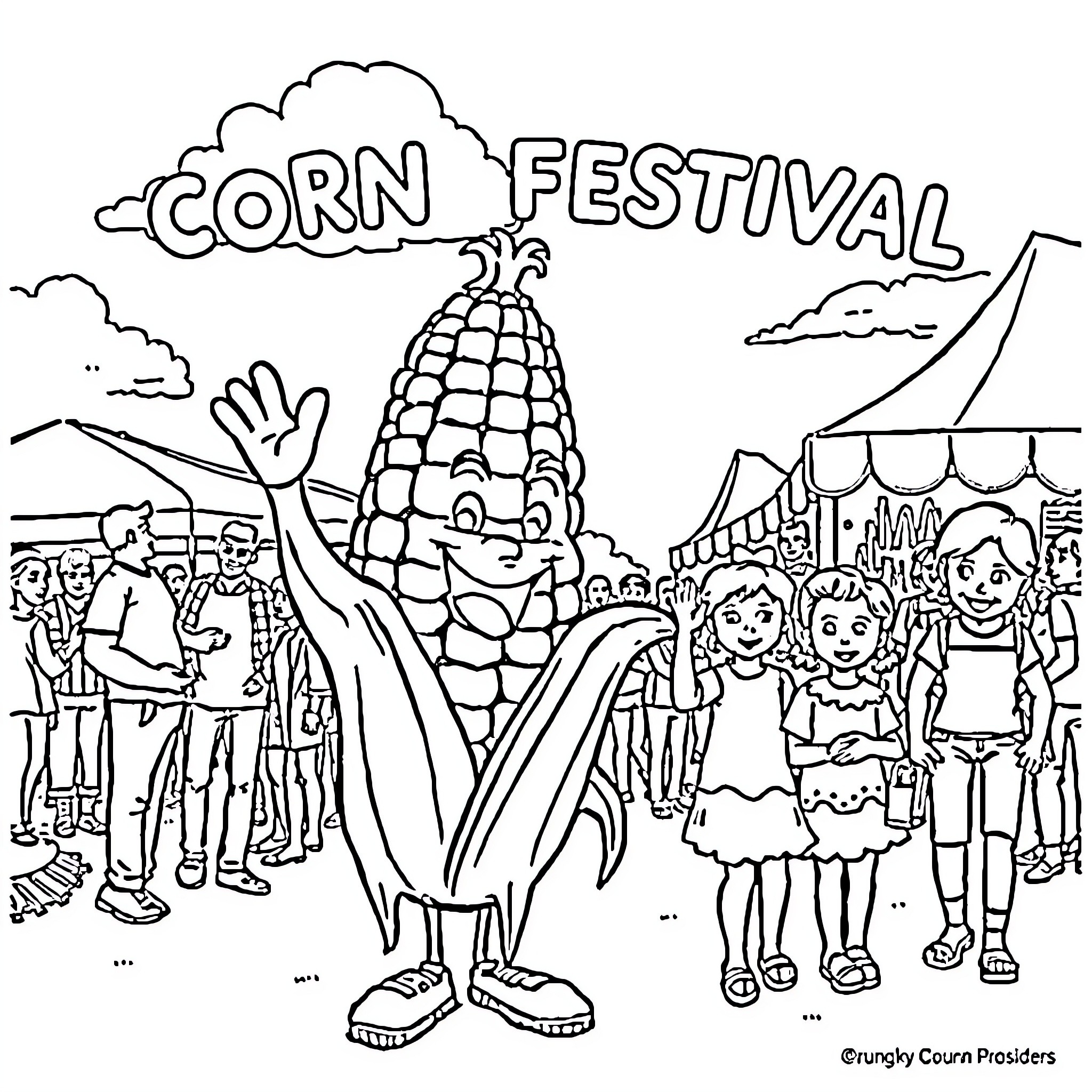 Corn Festival with Lively Crowd and Mascot Coloring Page (free black-and-white line drawing printable PDF for all, from beginners to advanced learners, including children, teens, adults, and seniors)