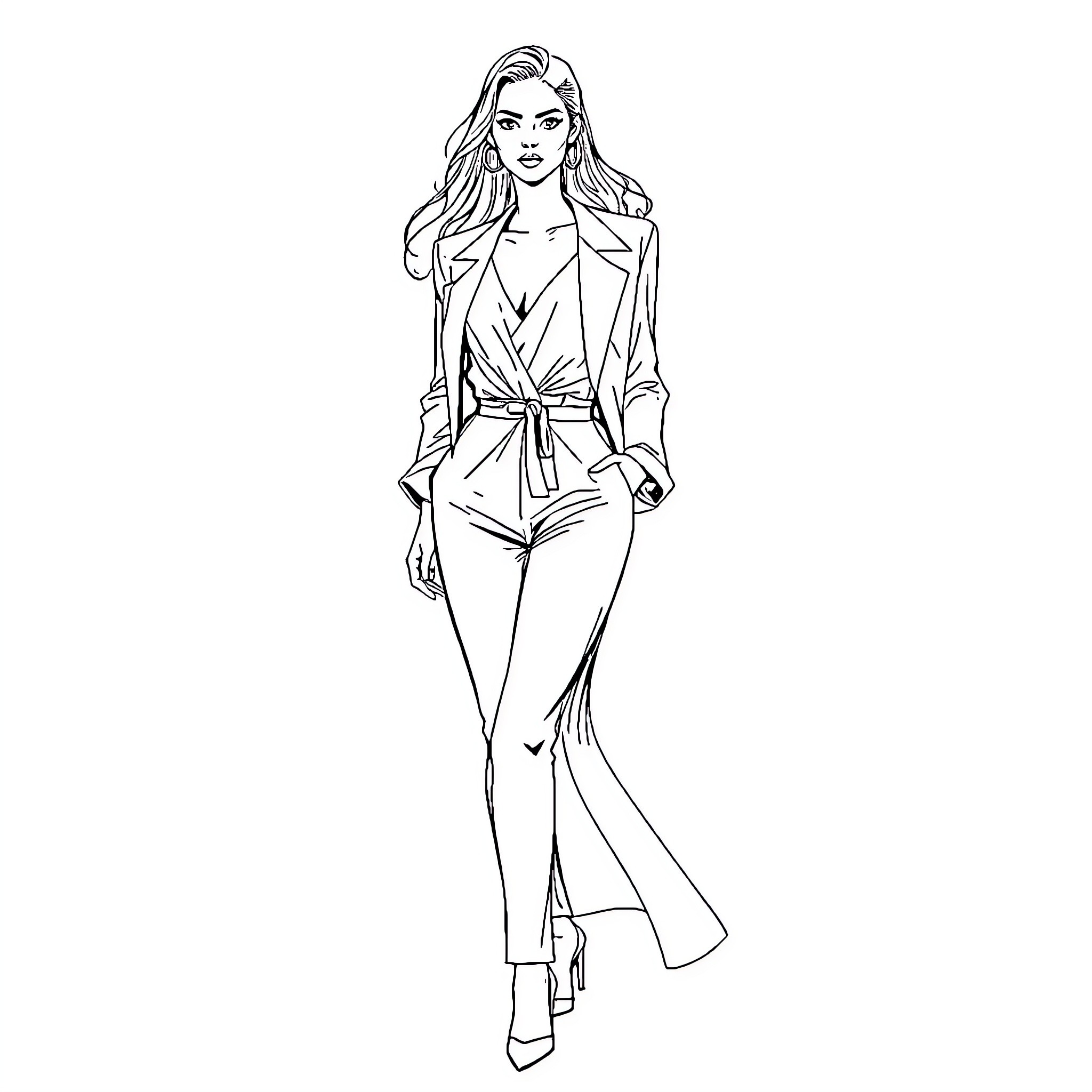 Model in stylish business attire posing confidently Coloring Page (free black-and-white line drawing printable PDF for all, from beginners to advanced learners, including children, teens, adults, and seniors)