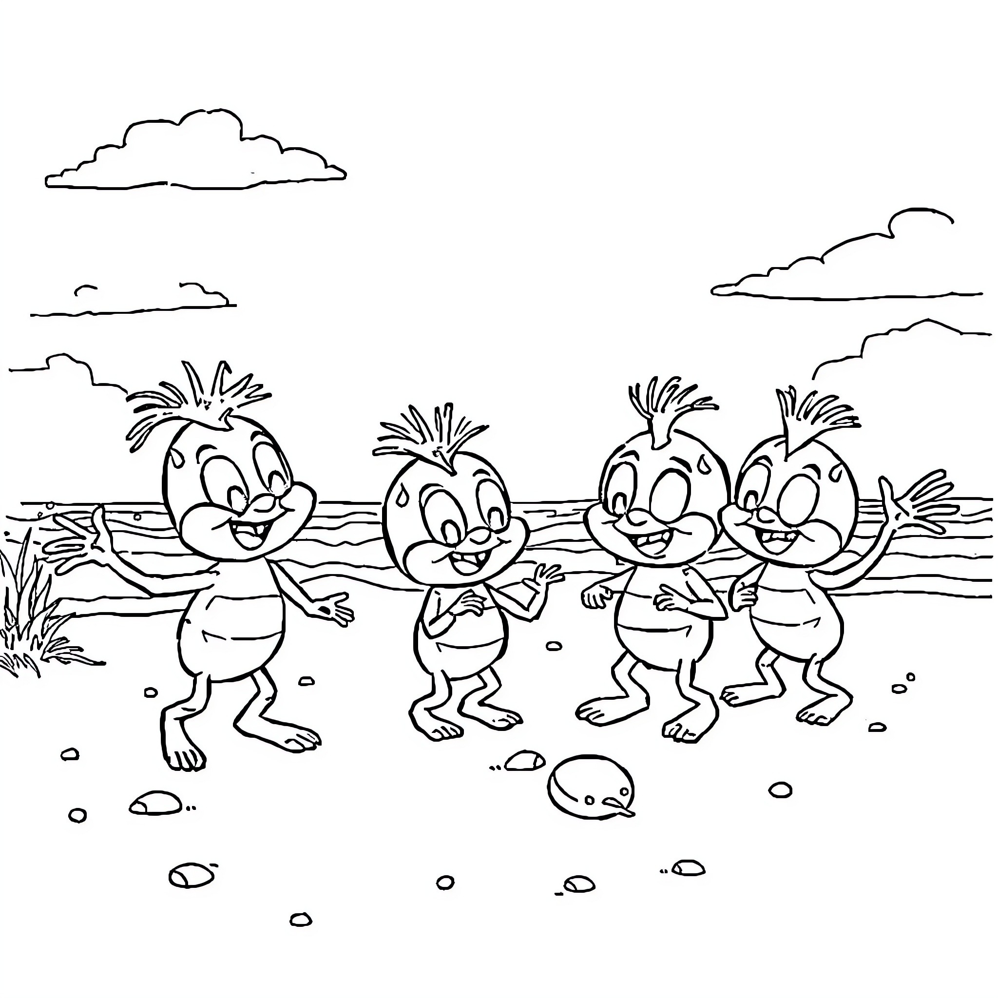 Sprunki creatures playing joyfully in natural setting Coloring Page (free black-and-white line drawing printable PDF for all, from beginners to advanced learners, including children, teens, adults, and seniors)