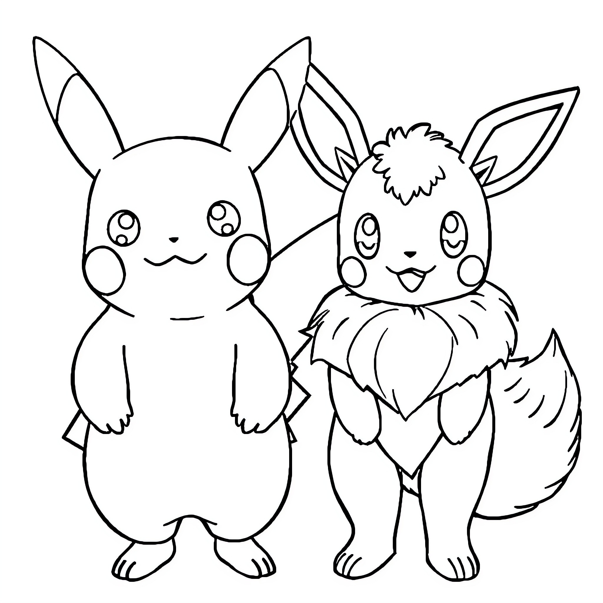Pikachu and Eevee having a friendly encounter Coloring Page (free black-and-white line drawing printable PDF for all, from beginners to advanced learners, including children, teens, adults, and seniors)