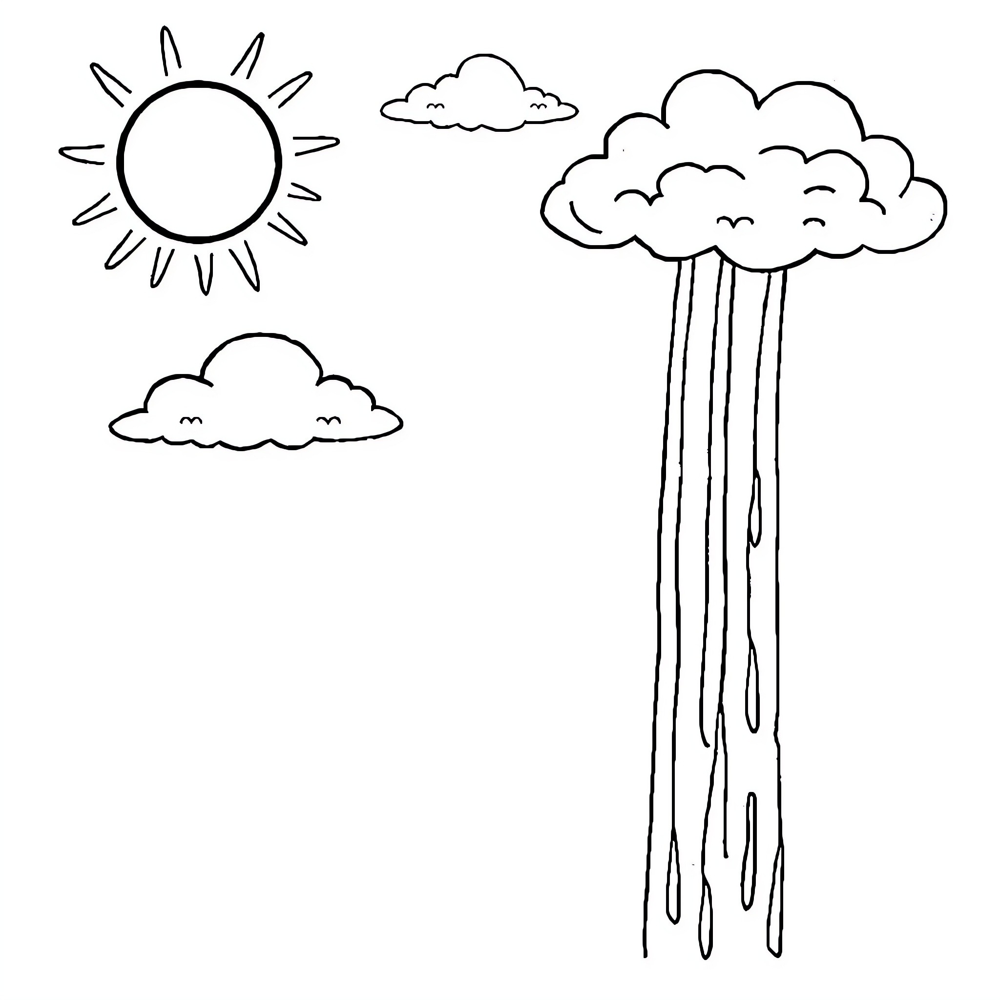 Weather illustrations with sun, clouds, and rain Coloring Page (free black-and-white line drawing printable PDF for all, from beginners to advanced learners, including children, teens, adults, and seniors)