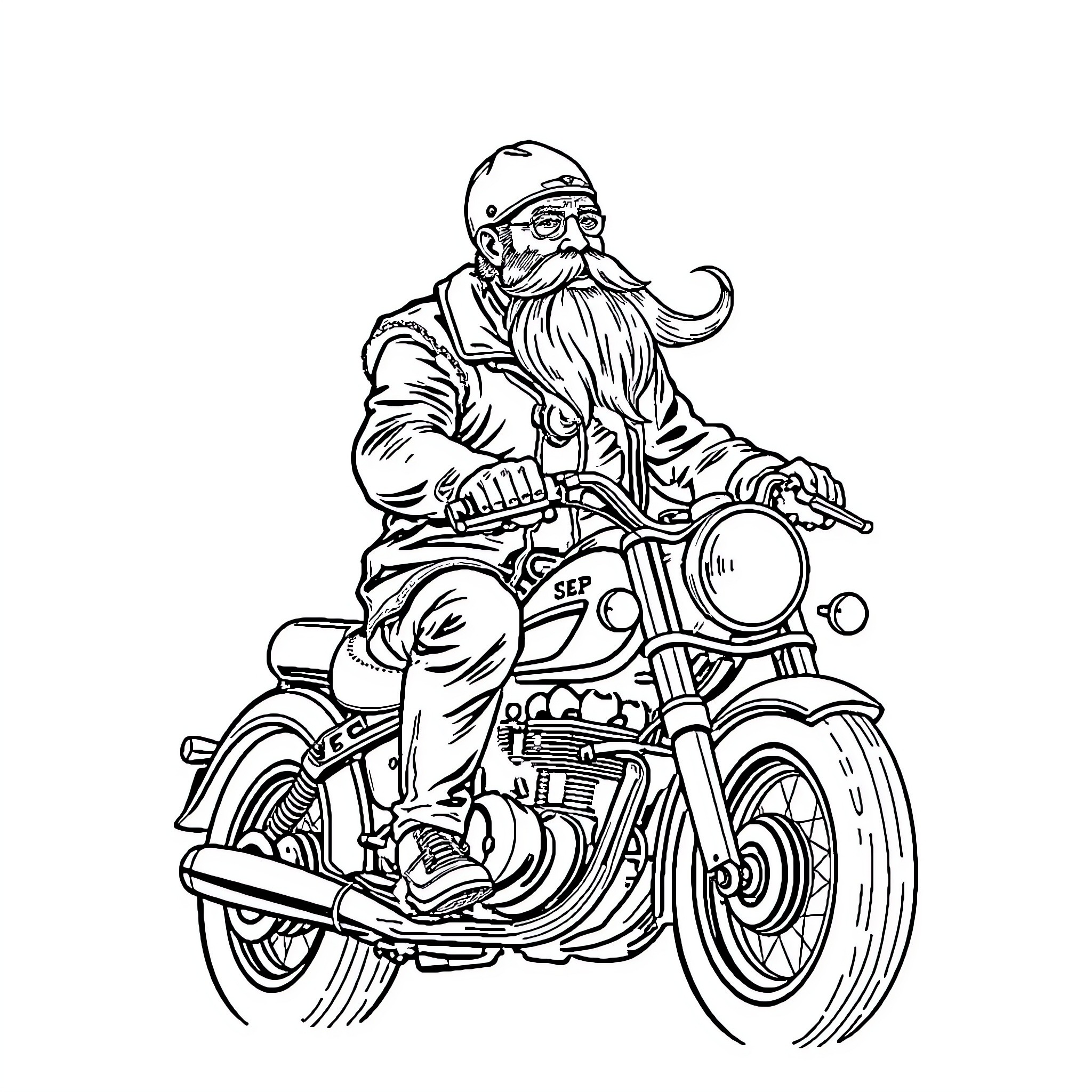 Biker with beard riding motorcycle in determined manner Coloring Page (free black-and-white line drawing printable PDF for all, from beginners to advanced learners, including children, teens, adults, and seniors)