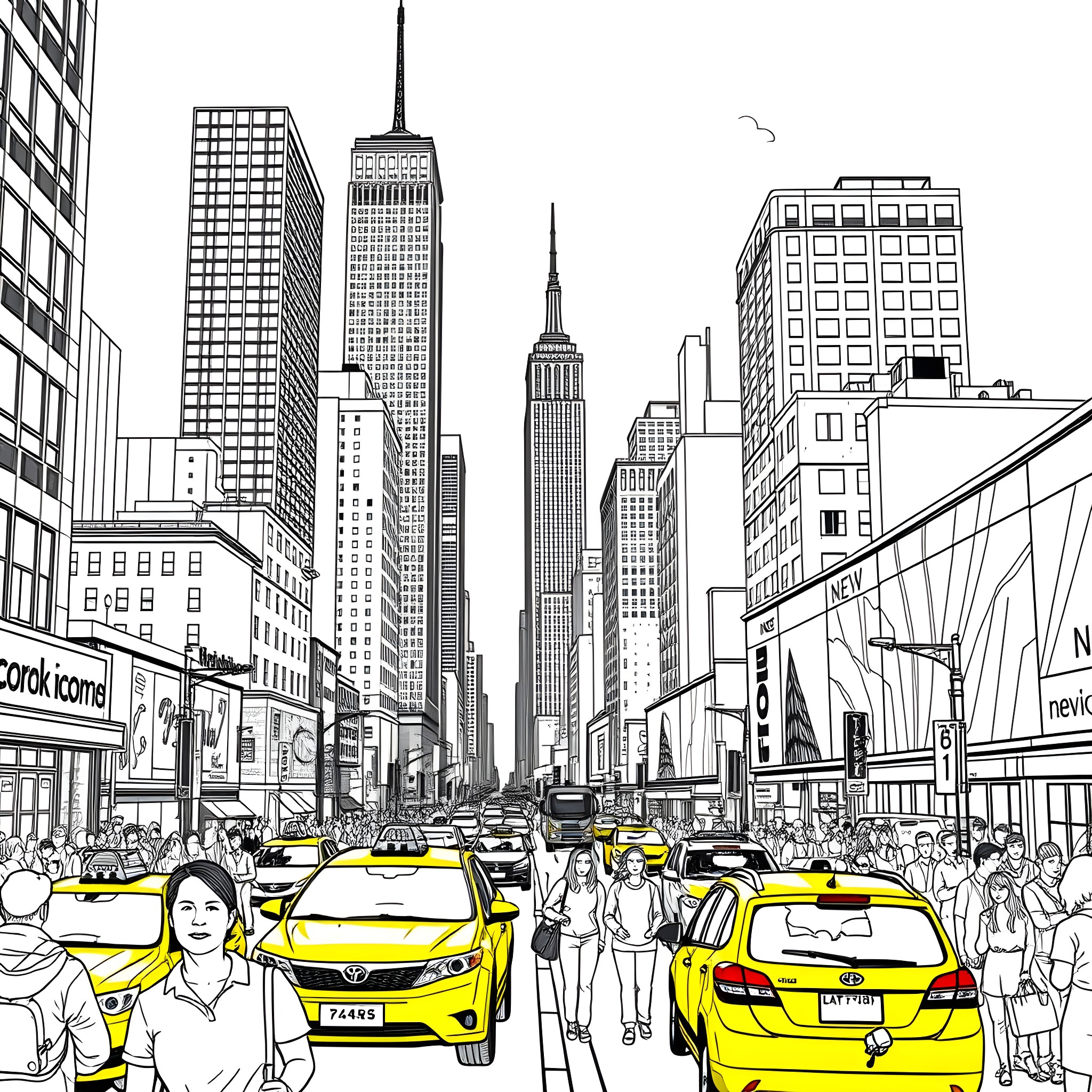Ghskyline of busy city with bustling traffic Coloring Page (free black-and-white line drawing printable PDF for all, from beginners to advanced learners, including children, teens, adults, and seniors)