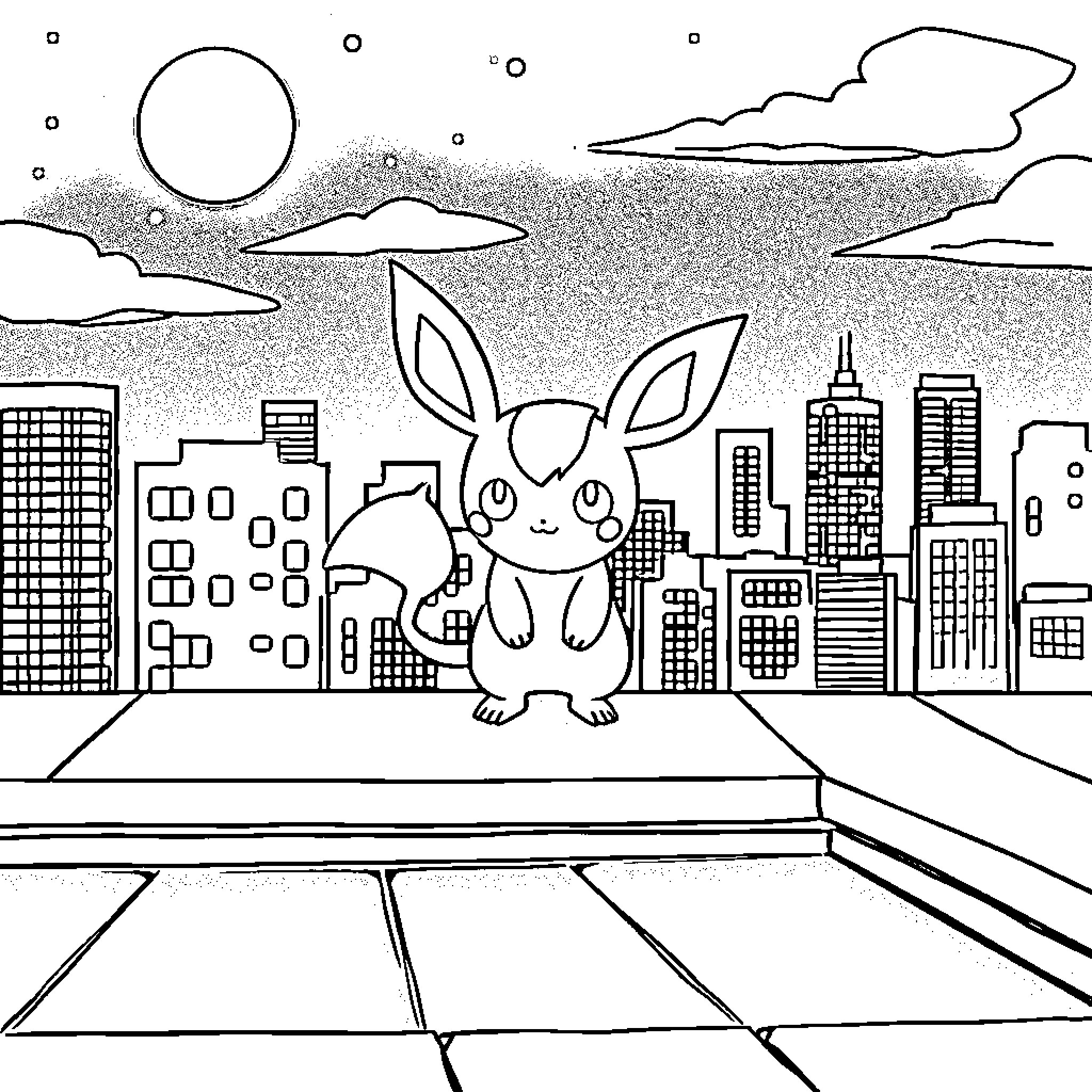 Mimikyu exploring the city skyline Coloring Page (free black-and-white line drawing printable PDF for all, from beginners to advanced learners, including children, teens, adults, and seniors)