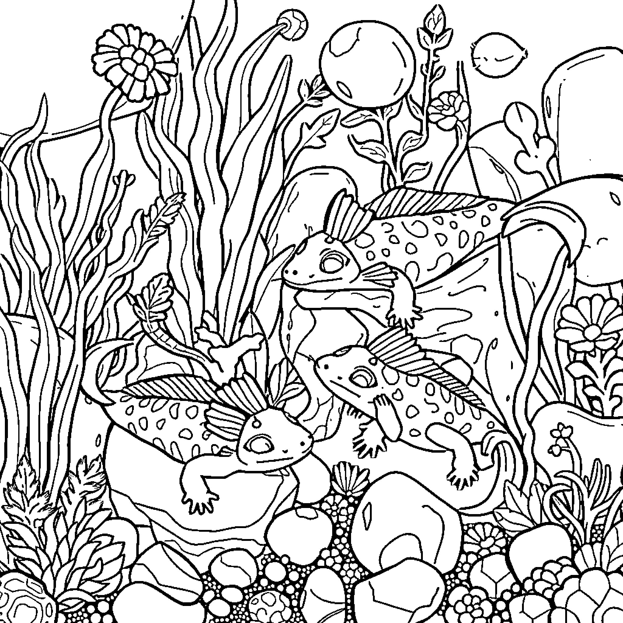 Axolotl Exploring the Vibrant Underwater Garden Coloring Page (free black-and-white line drawing printable PDF for all, from beginners to advanced learners, including children, teens, adults, and seniors)