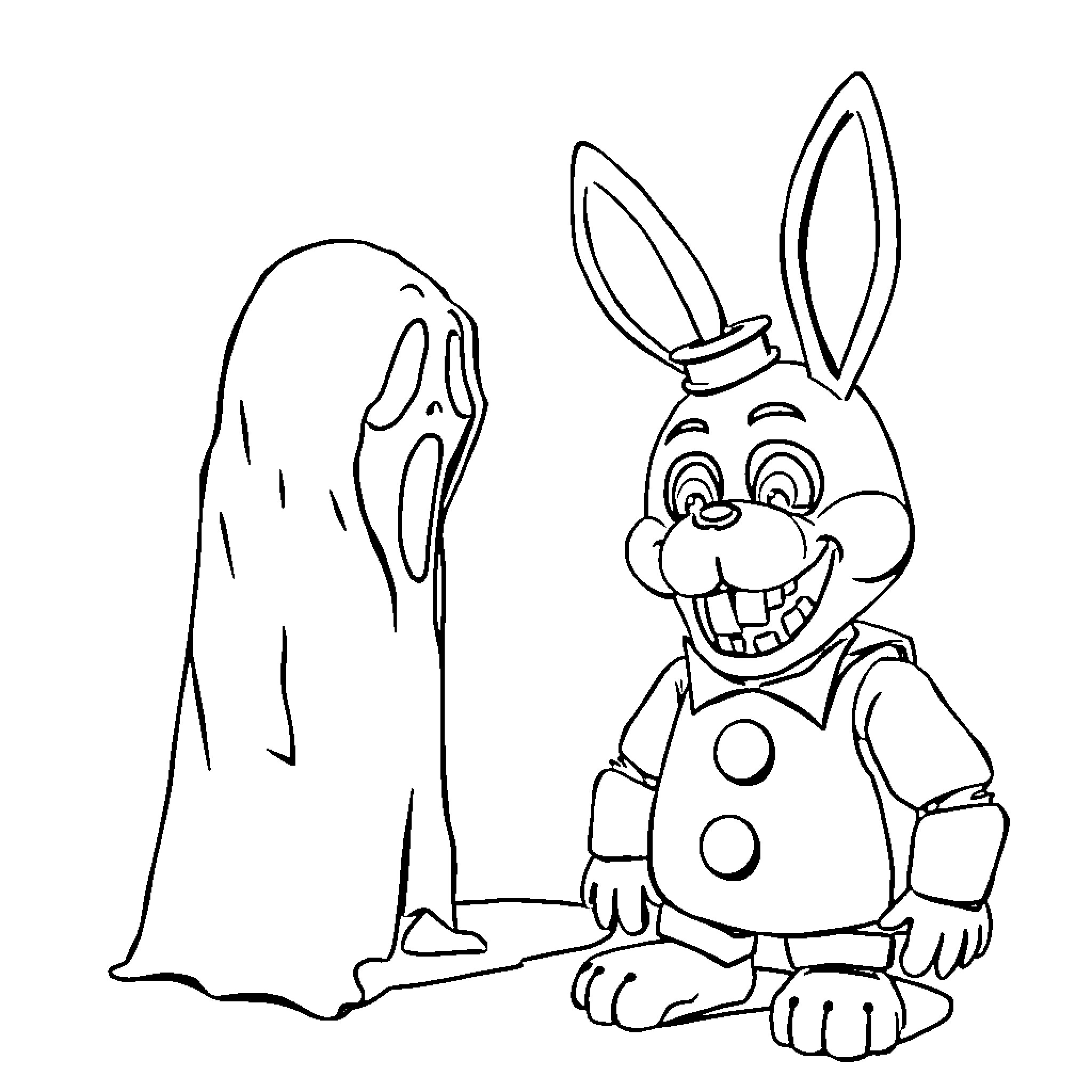 Ghost Face Bunny Tricks and Surprises Coloring Page (free black-and-white line drawing printable PDF for all, from beginners to advanced learners, including children, teens, adults, and seniors)