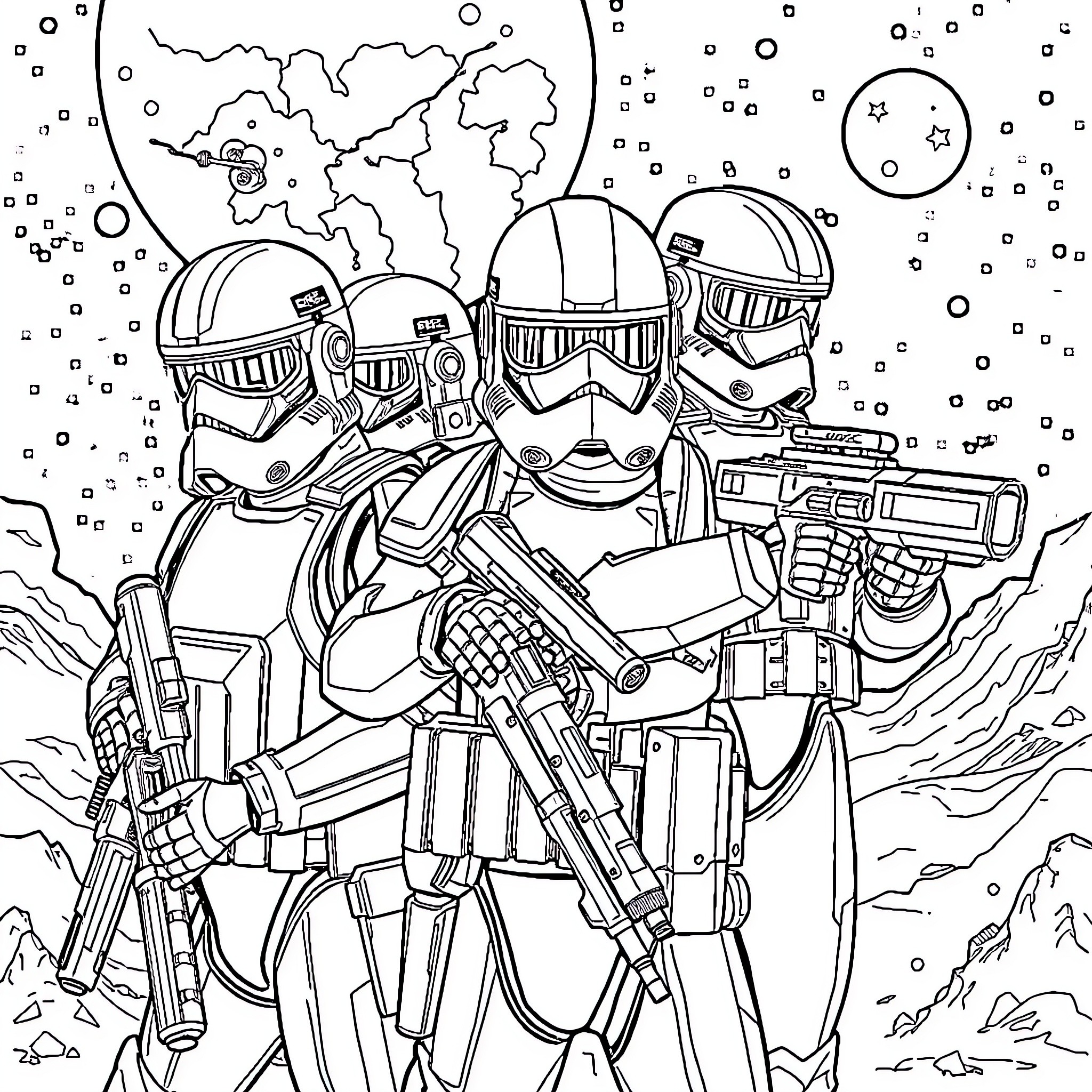 Guard Technology on Alien Battlefront Coloring Page (free black-and-white line drawing printable PDF for all, from beginners to advanced learners, including children, teens, adults, and seniors)