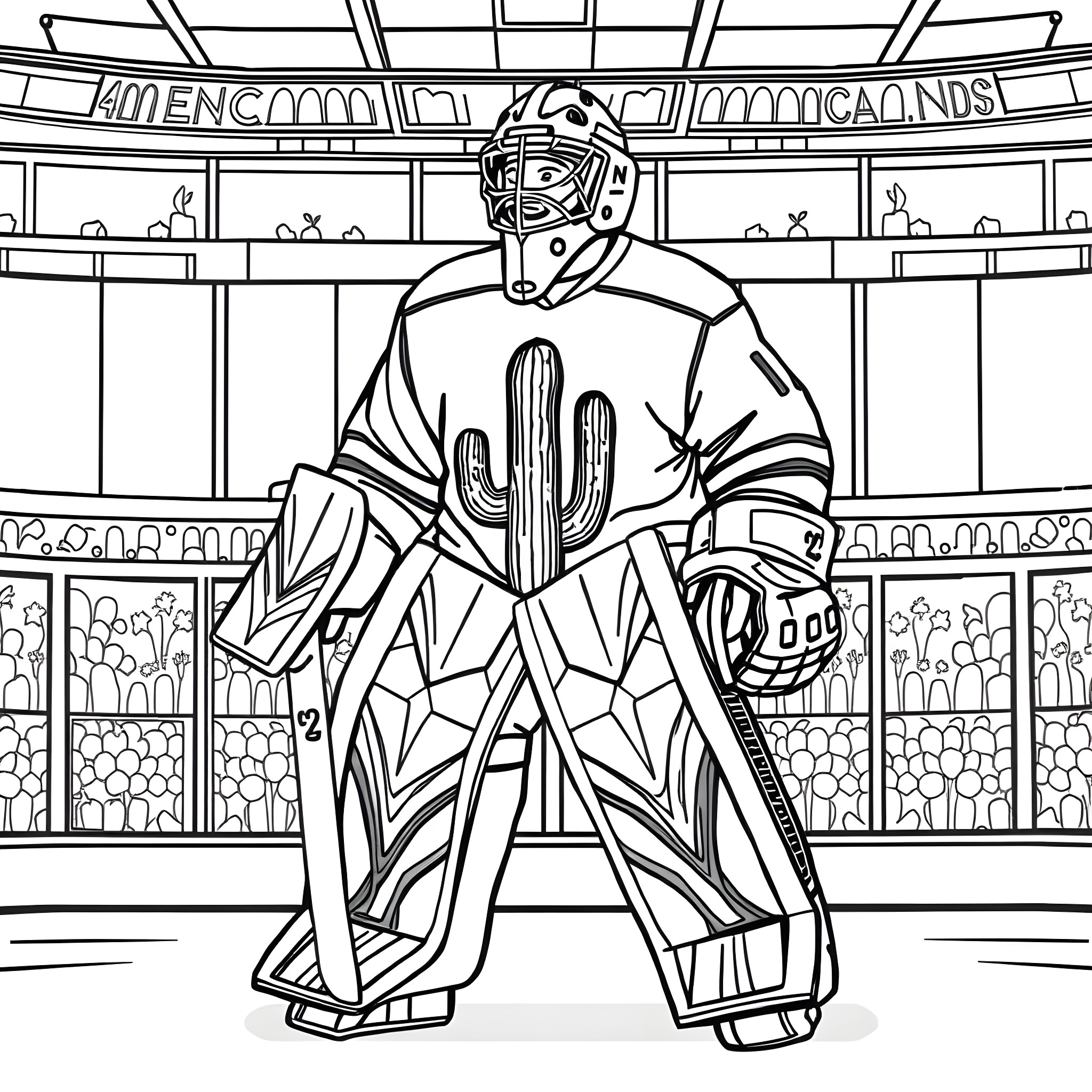 Hockey Goalie Defending the Net Coloring Page (free black-and-white line drawing printable PDF for all, from beginners to advanced learners, including children, teens, adults, and seniors)