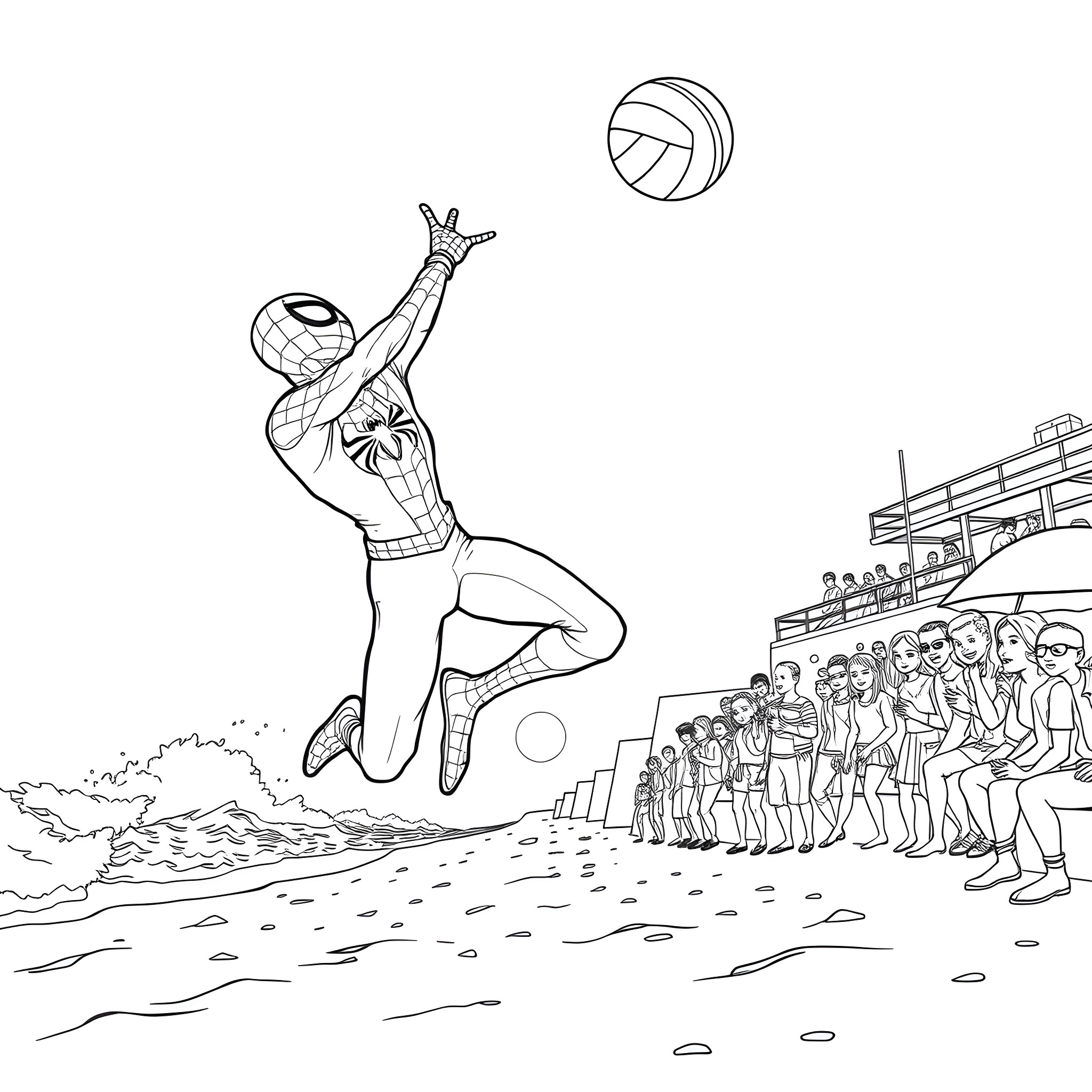 Spiderman leaping to save the volleyball game Coloring Page (free black-and-white line drawing printable PDF for all, from beginners to advanced learners, including children, teens, adults, and seniors)