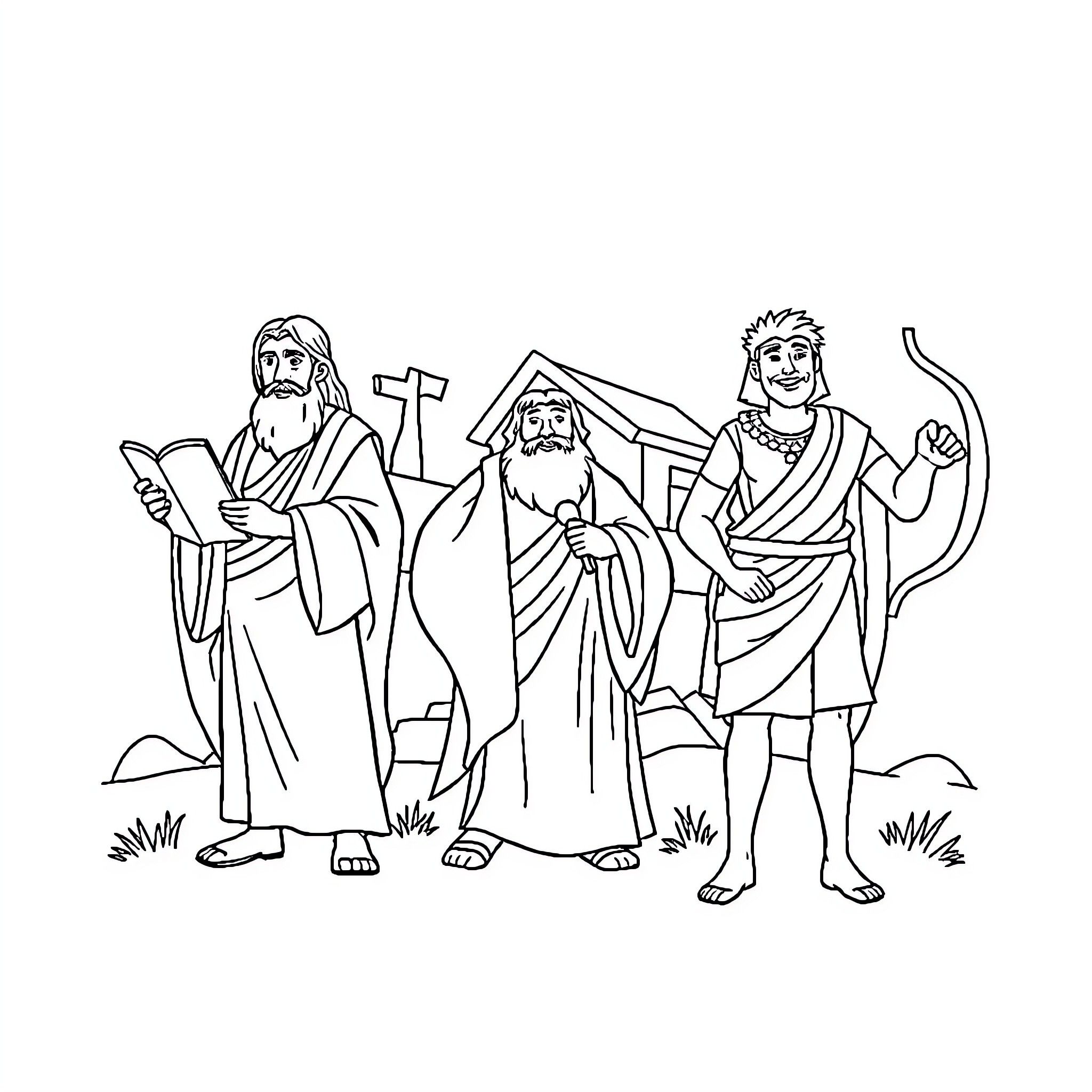 Bible Character Worship Service with Religious Leaders Coloring Page (free black-and-white line drawing printable PDF for all, from beginners to advanced learners, including children, teens, adults, and seniors)