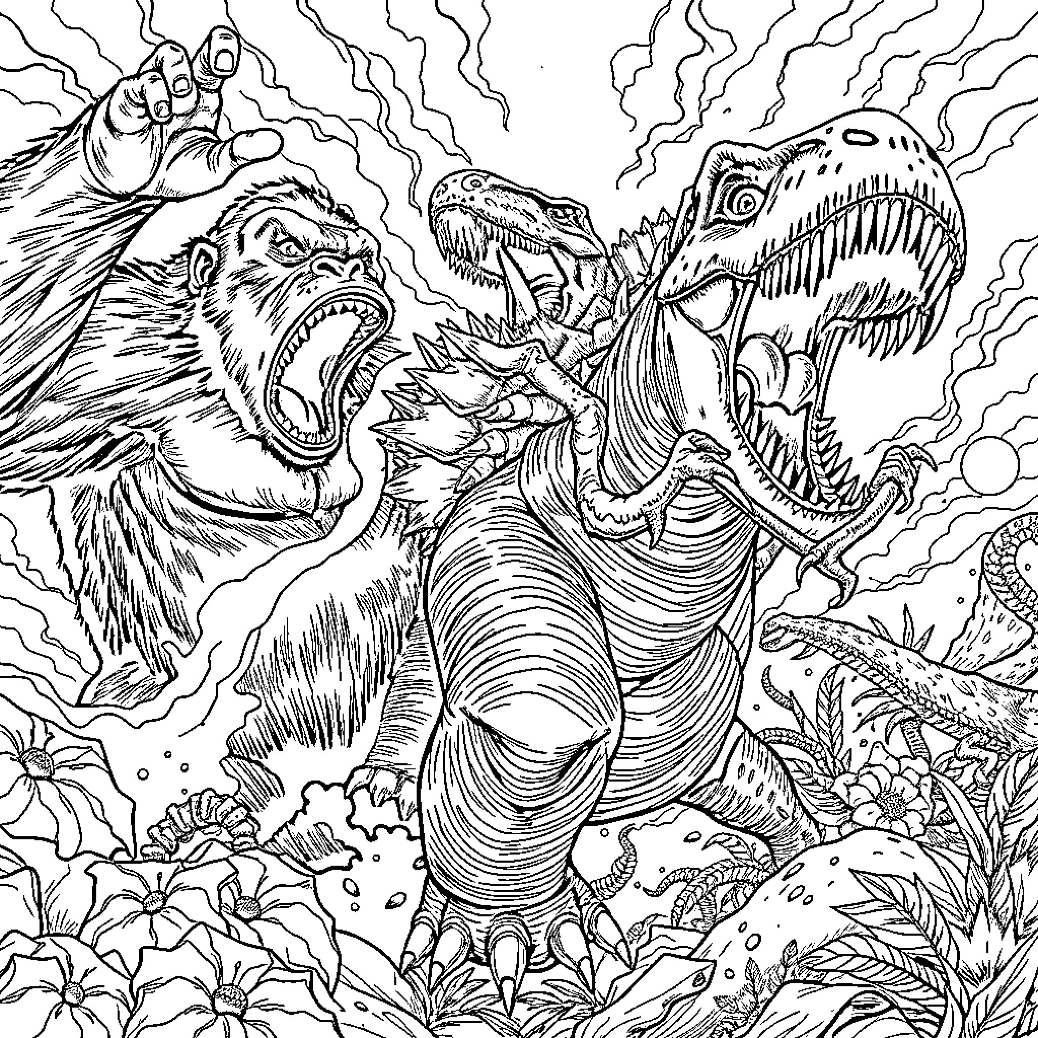 Dinosaur Clash of the Titans in Prehistoric Landscape Coloring Page (free black-and-white line drawing printable PDF for all, from beginners to advanced learners, including children, teens, adults, and seniors)