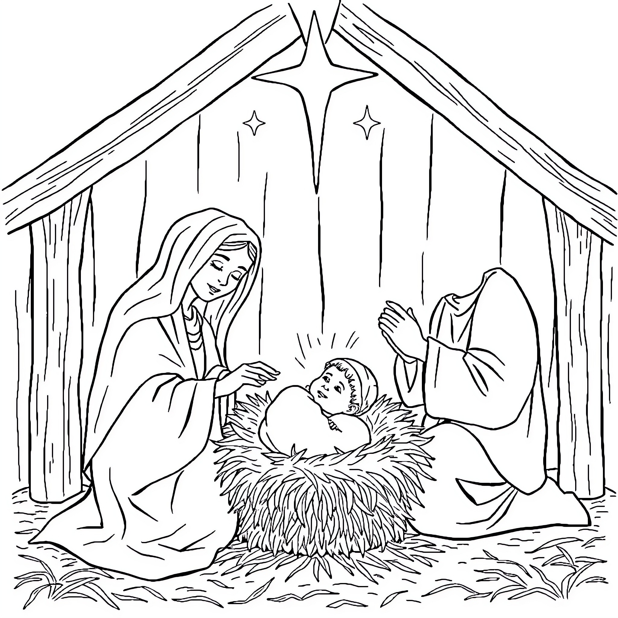 Baby Jesus born in the manger with Mary and Joseph Coloring Page (free black-and-white line drawing printable PDF for all, from beginners to advanced learners, including children, teens, adults, and seniors)