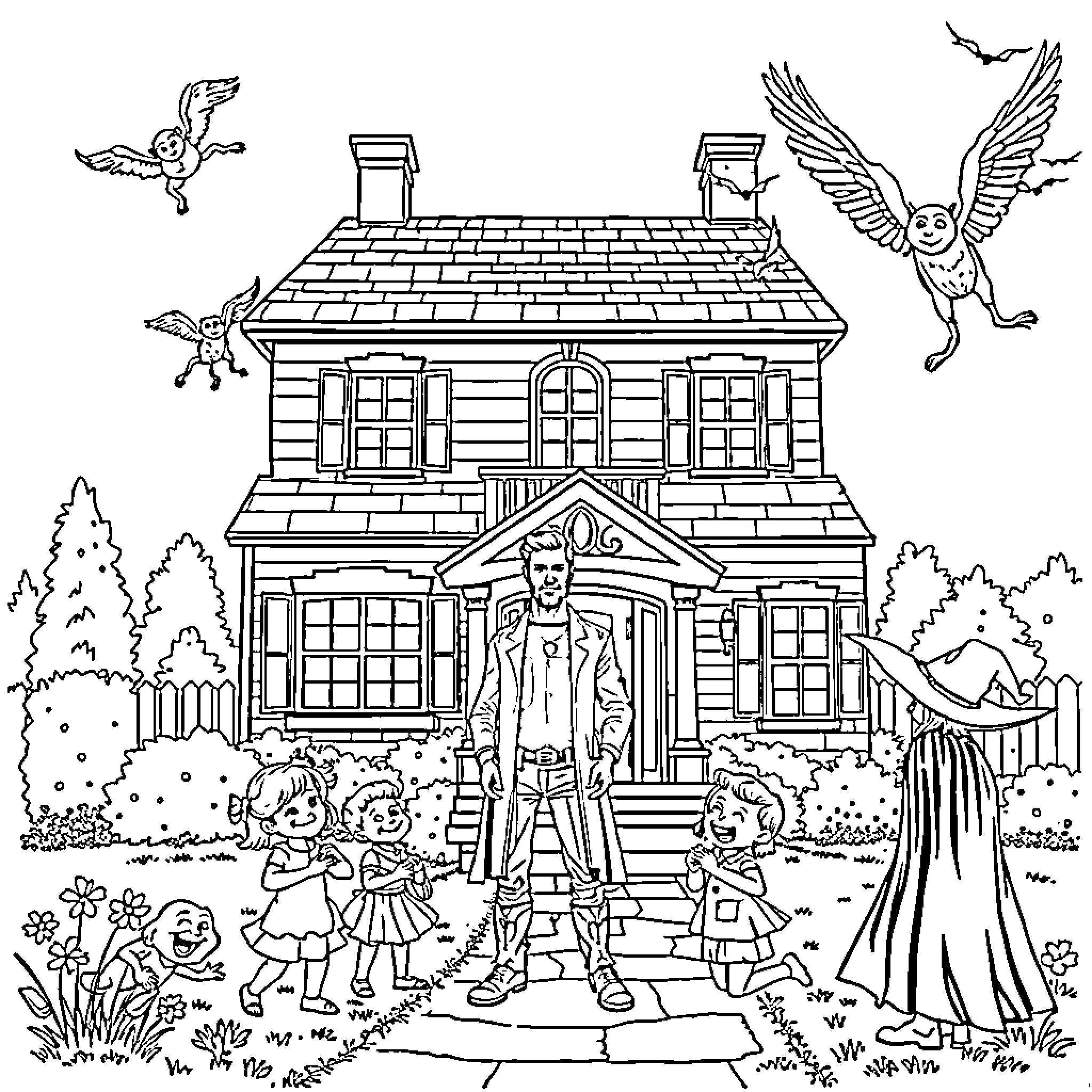 House with Family Enjoying Halloween Outside Coloring Page (free black-and-white line drawing printable PDF for all, from beginners to advanced learners, including children, teens, adults, and seniors)