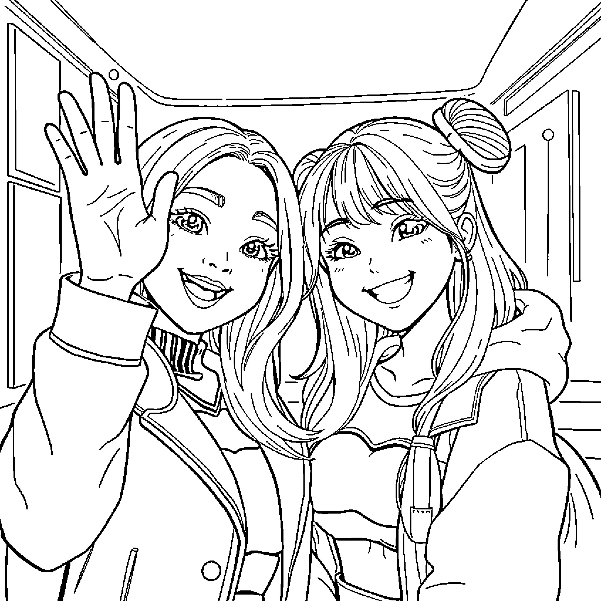 K Pop Friends Posing Happily in Selfie Coloring Page (free black-and-white line drawing printable PDF for all, from beginners to advanced learners, including children, teens, adults, and seniors)