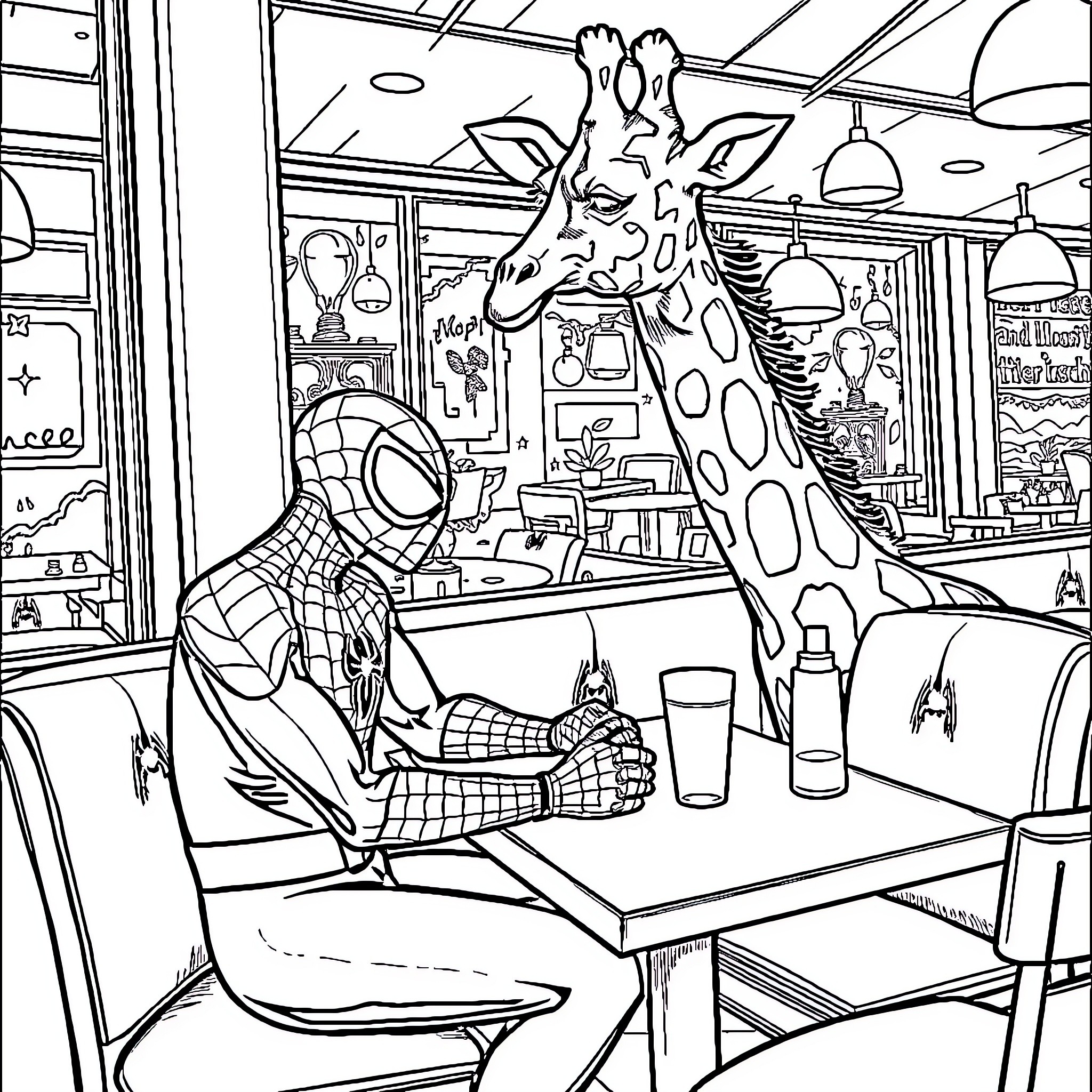 Spiderman's Casual Encounter with a Giraffe in a Diner Coloring Page (free black-and-white line drawing printable PDF for all, from beginners to advanced learners, including children, teens, adults, and seniors)