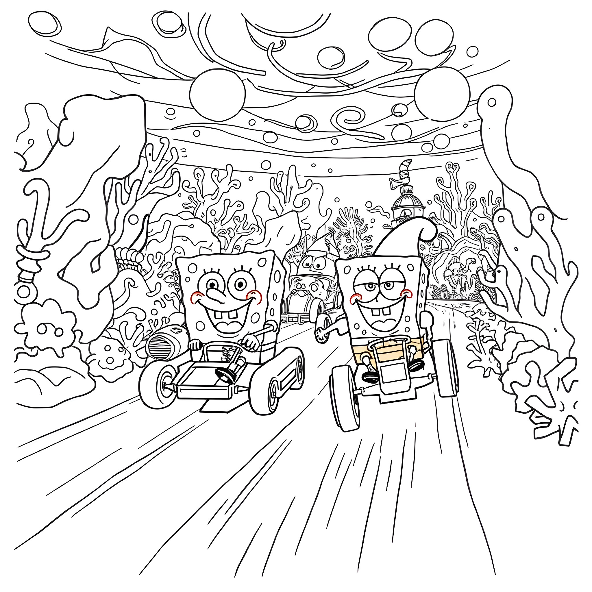 Spongebob and friends racing underwater in vehicles Coloring Page (free black-and-white line drawing printable PDF for all, from beginners to advanced learners, including children, teens, adults, and seniors)