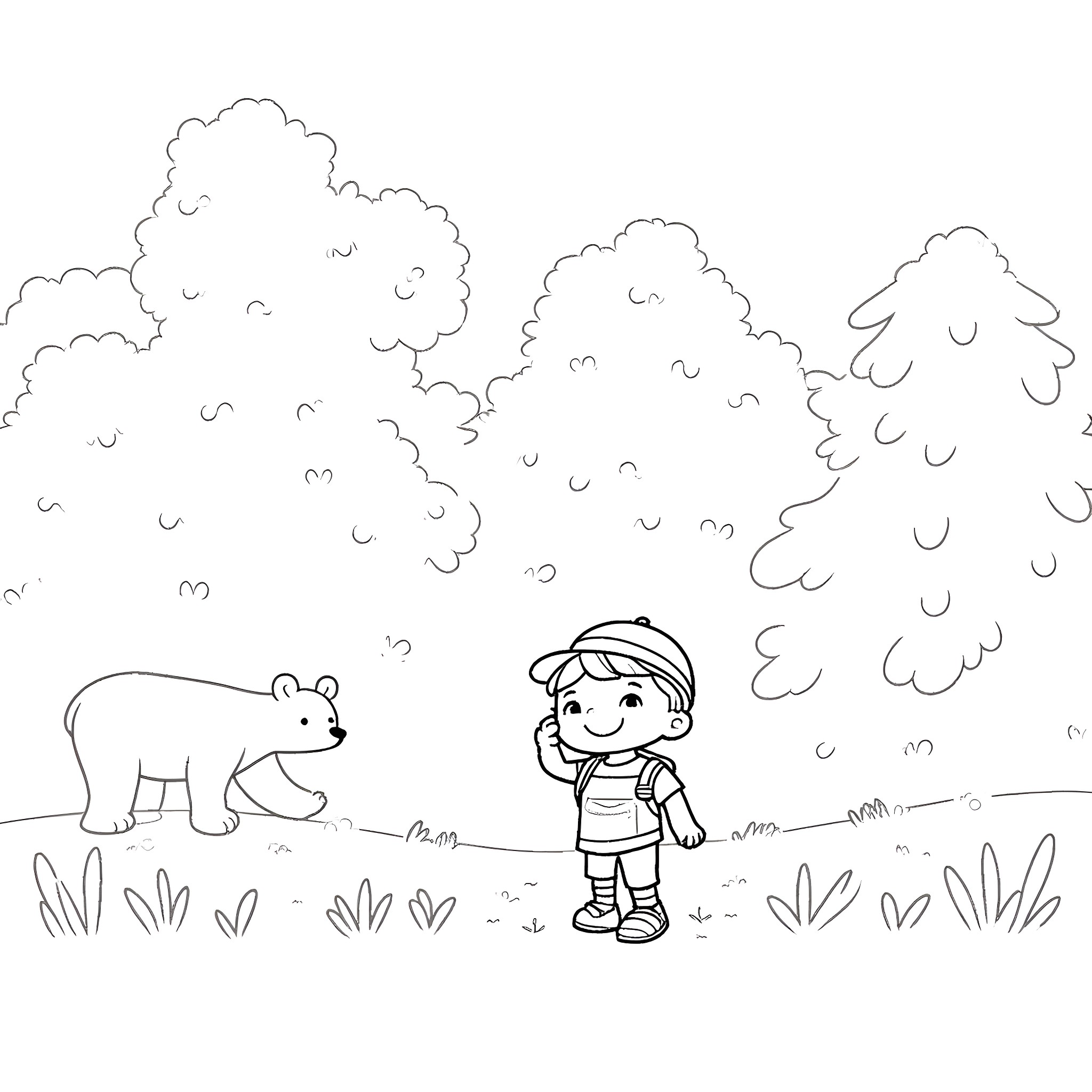 Toddler exploring the outdoors with a bear Coloring Page (free black-and-white line drawing printable PDF for all, from beginners to advanced learners, including children, teens, adults, and seniors)