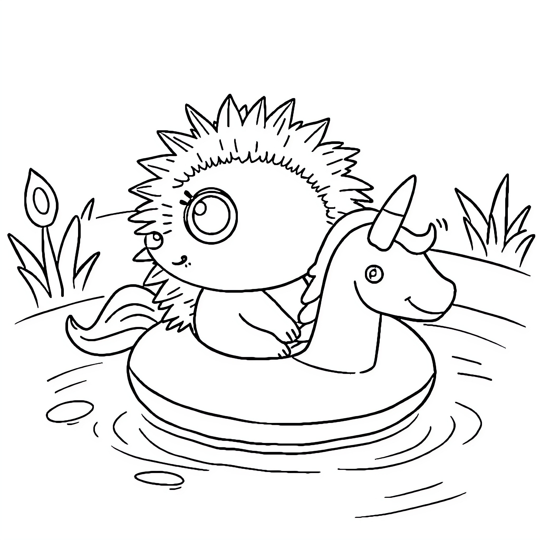 Hedgehog riding a unicorn in a pond Coloring Page (free black-and-white line drawing printable PDF for all, from beginners to advanced learners, including children, teens, adults, and seniors)