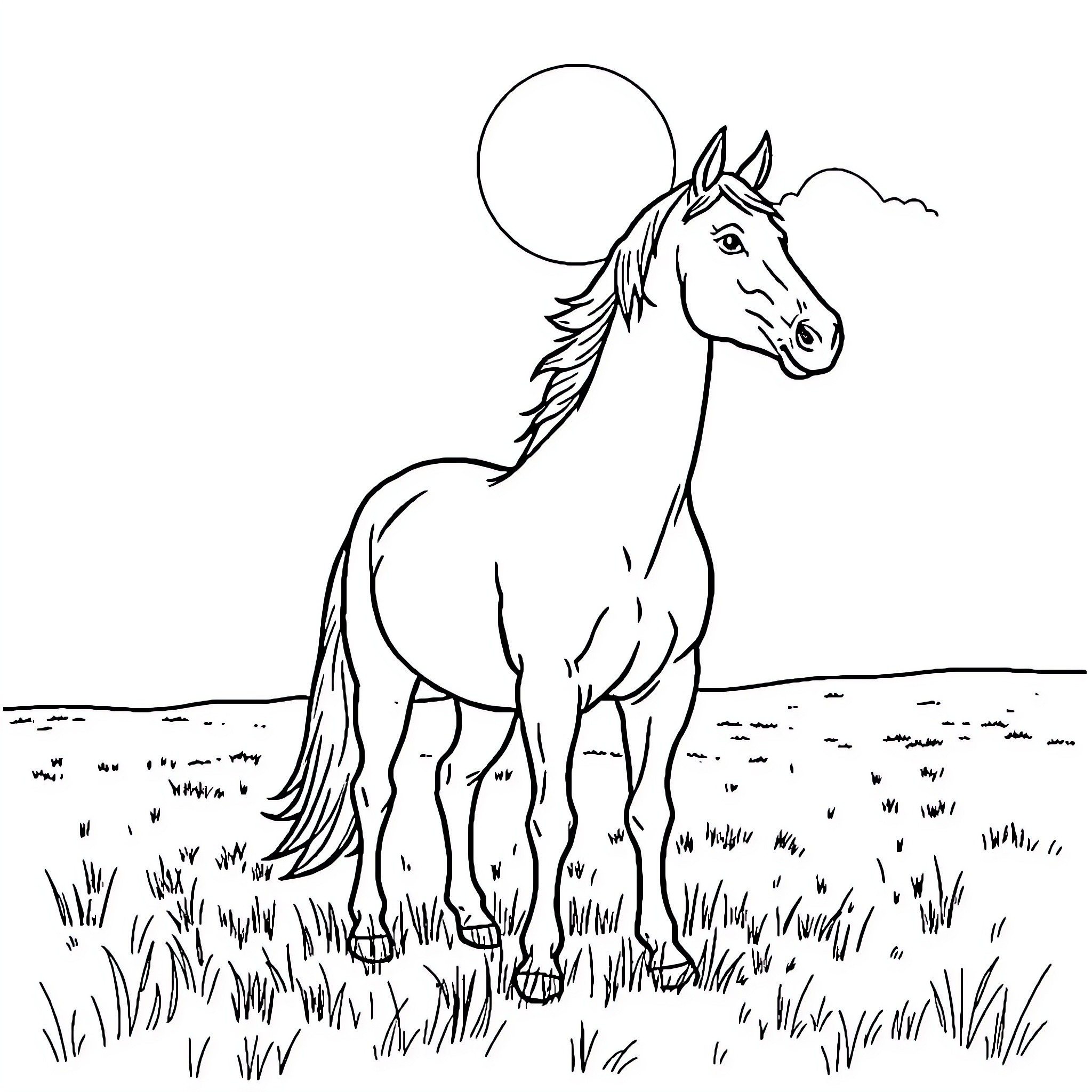 Horse standing alone in grassy field Coloring Page (free black-and-white line drawing printable PDF for all, from beginners to advanced learners, including children, teens, adults, and seniors)