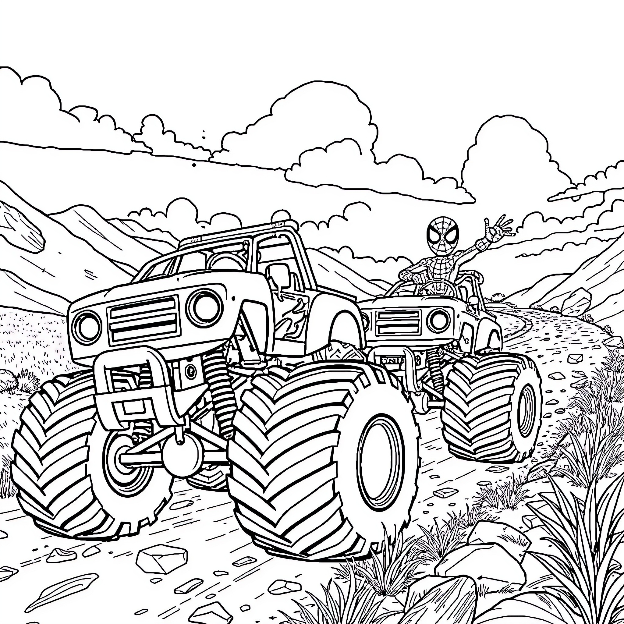 Monster Truck Adventure in the Rugged Terrain Coloring Page (free black-and-white line drawing printable PDF for all, from beginners to advanced learners, including children, teens, adults, and seniors)