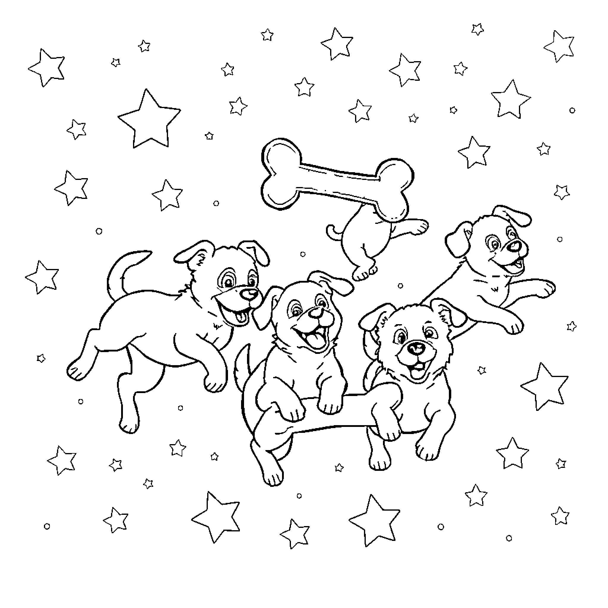 Dogs playing with a bone under the stars Coloring Page (free black-and-white line drawing printable PDF for all, from beginners to advanced learners, including children, teens, adults, and seniors)