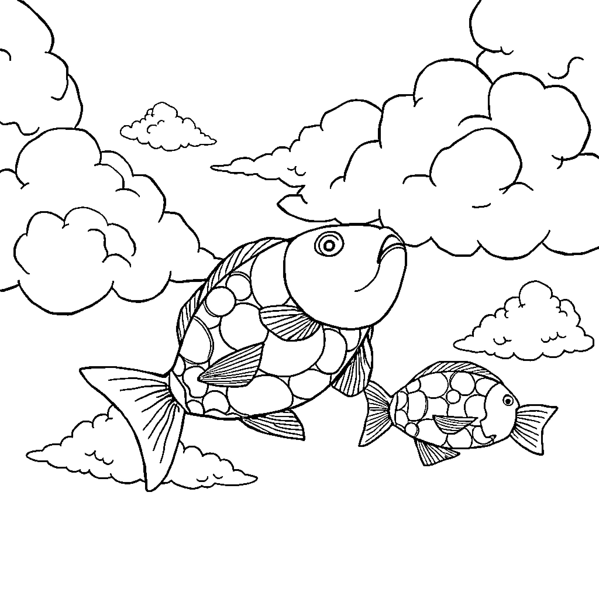 Flying Fish swimming among colorful clouds Coloring Page (free black-and-white line drawing printable PDF for all, from beginners to advanced learners, including children, teens, adults, and seniors)