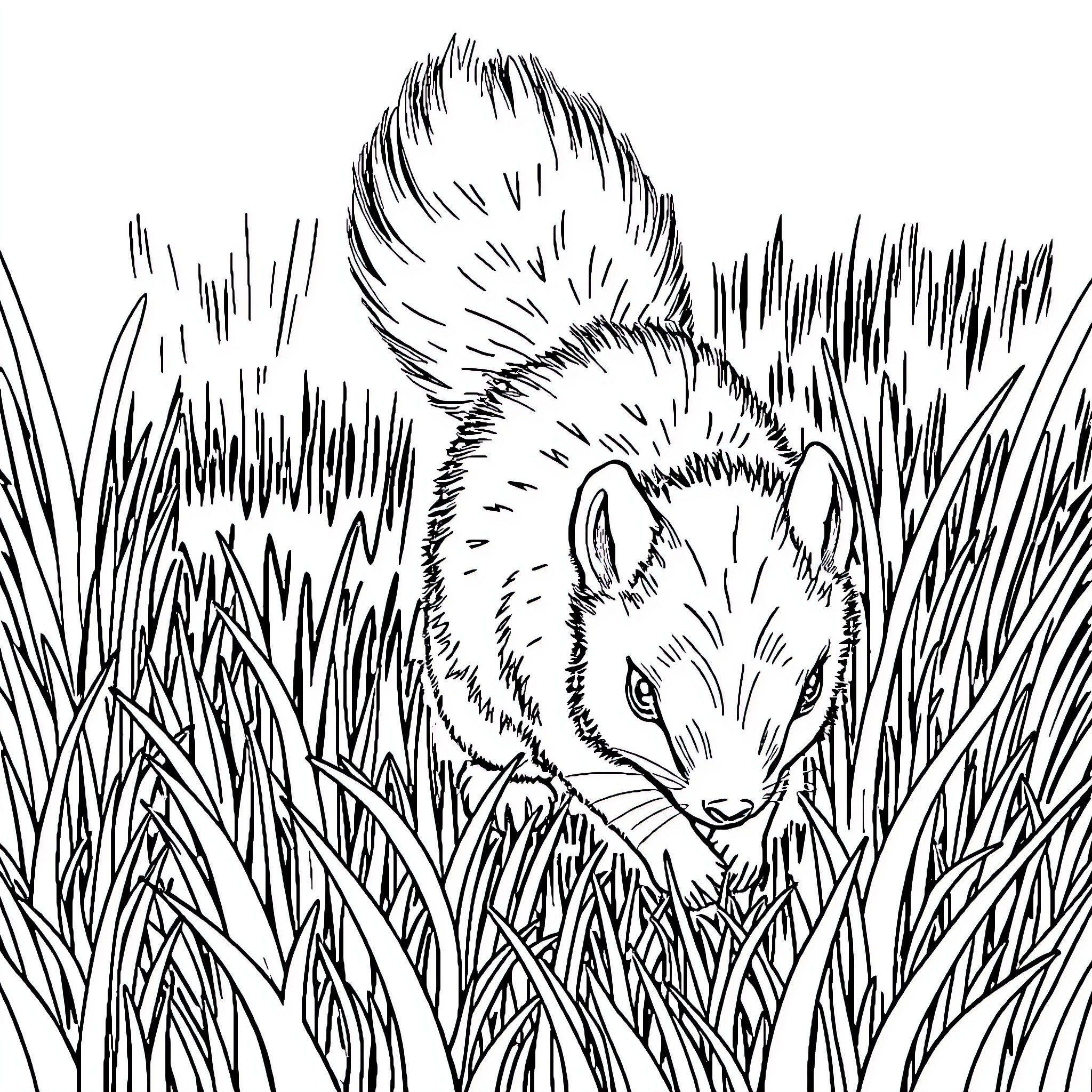 Animal hiding in tall grass Coloring Page (free black-and-white line drawing printable PDF for all, from beginners to advanced learners, including children, teens, adults, and seniors)