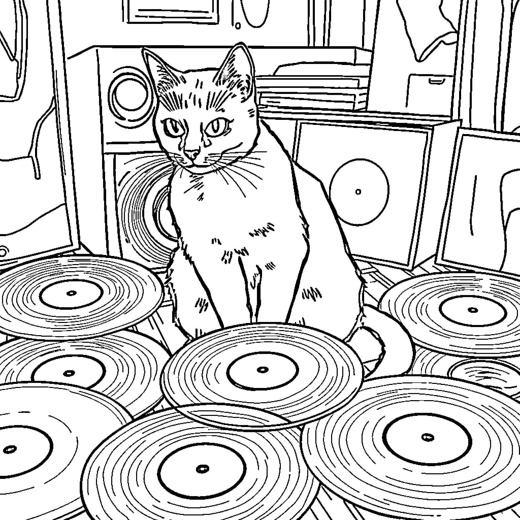 Cat lounging among vinyl records Coloring Page (free black-and-white line drawing printable PDF for all, from beginners to advanced learners, including children, teens, adults, and seniors)